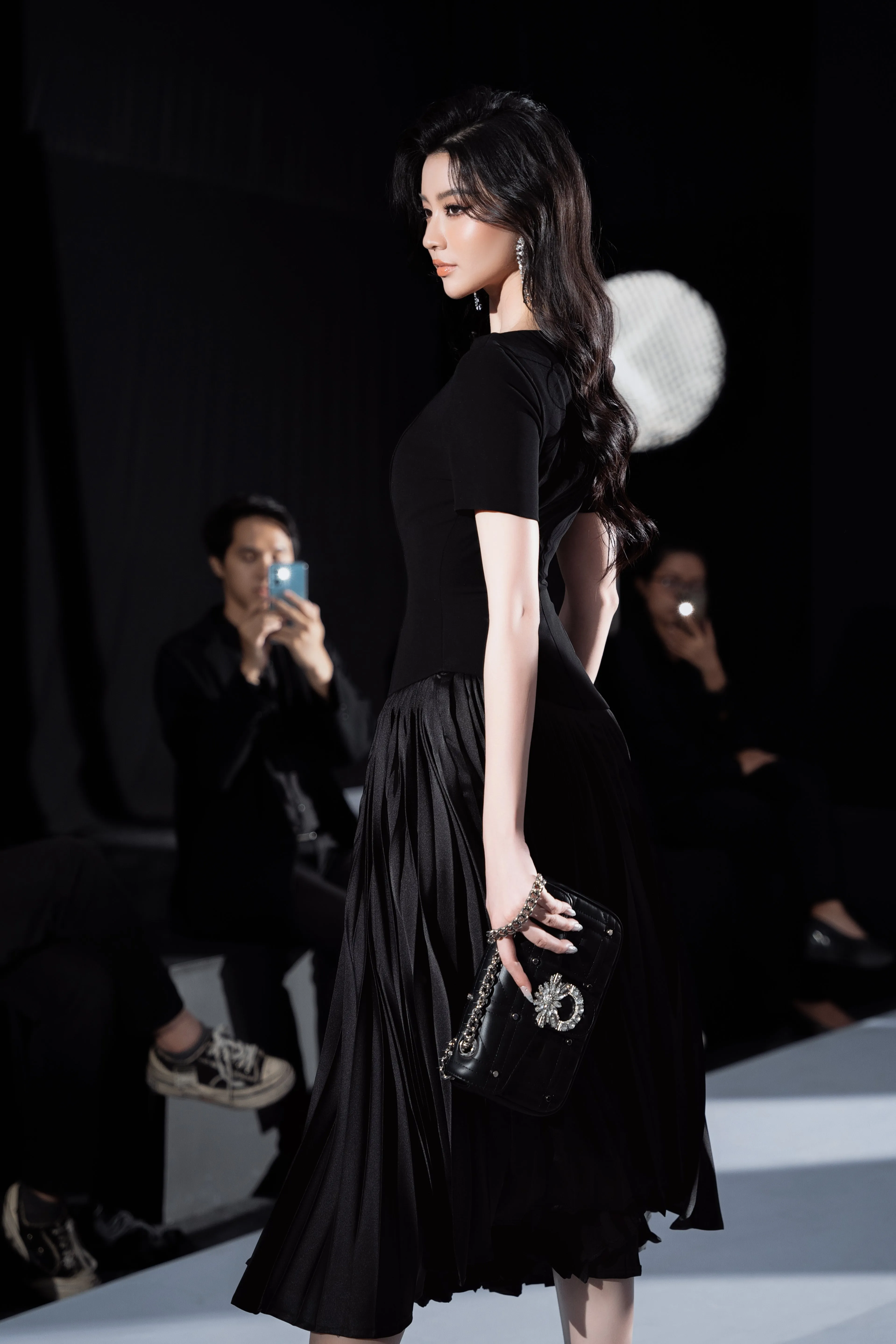 Alina Drop Waist Pleated Synthetic Velvet Midi Dress