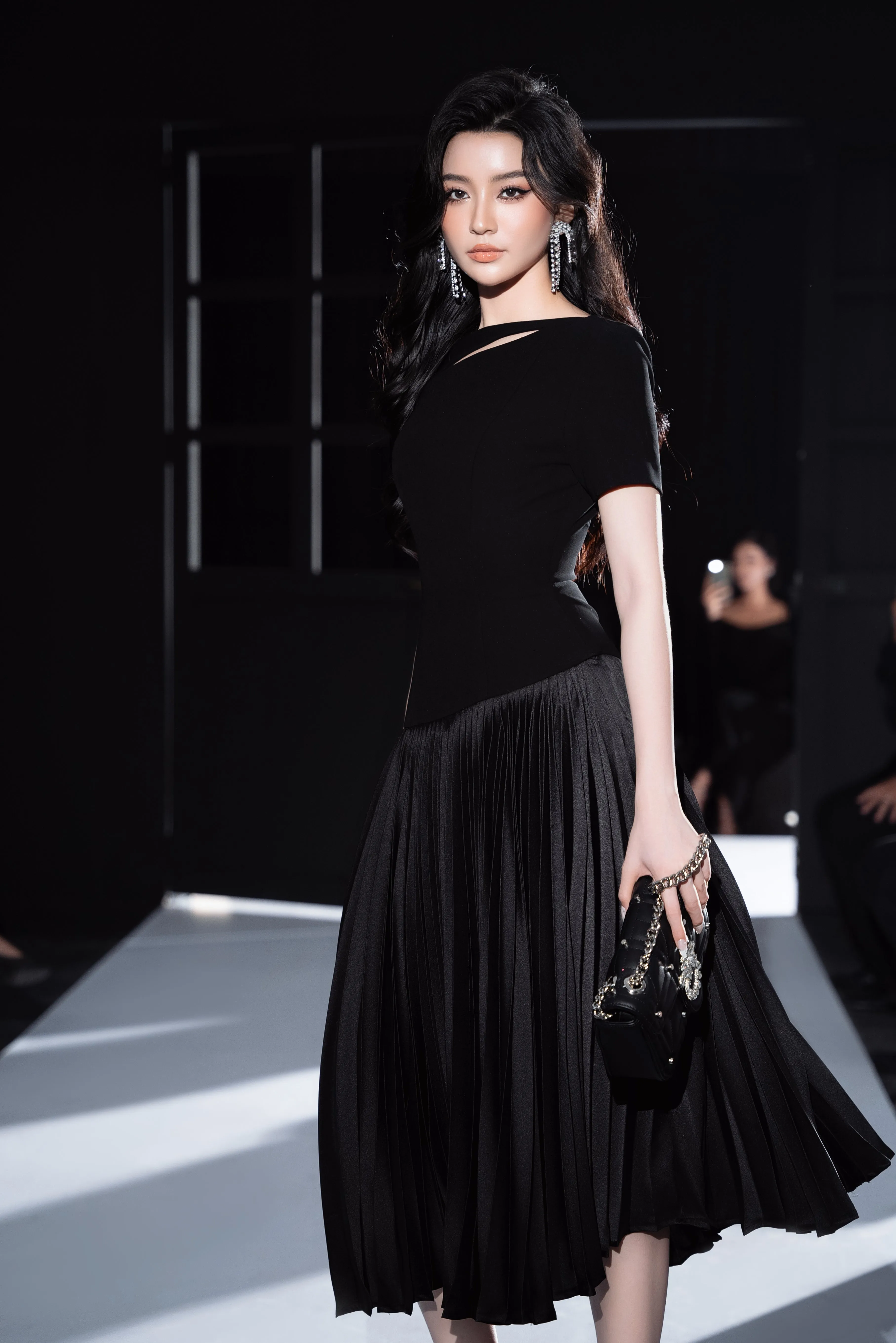 Alina Drop Waist Pleated Synthetic Velvet Midi Dress