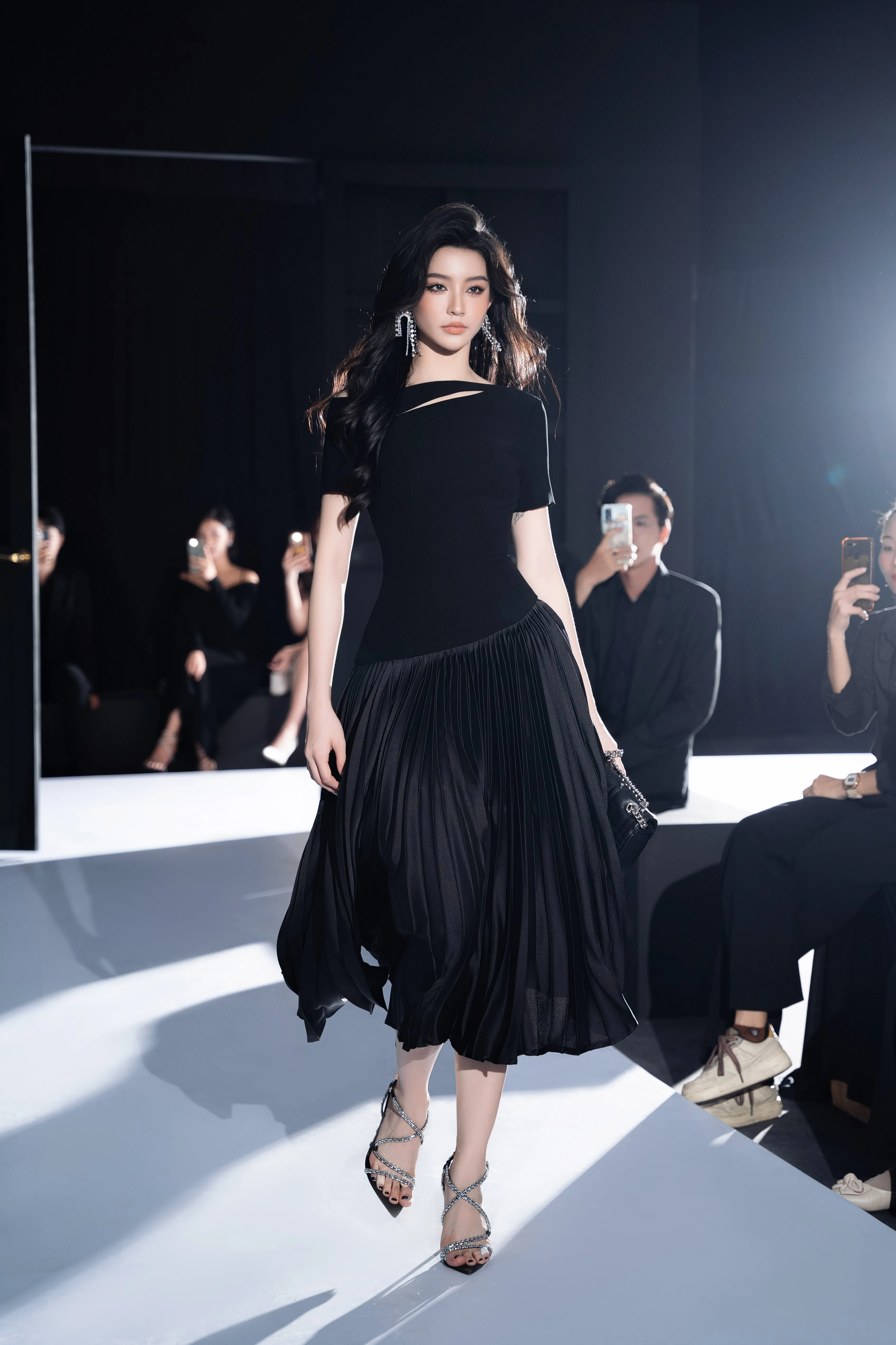 Alina Drop Waist Pleated Synthetic Velvet Midi Dress