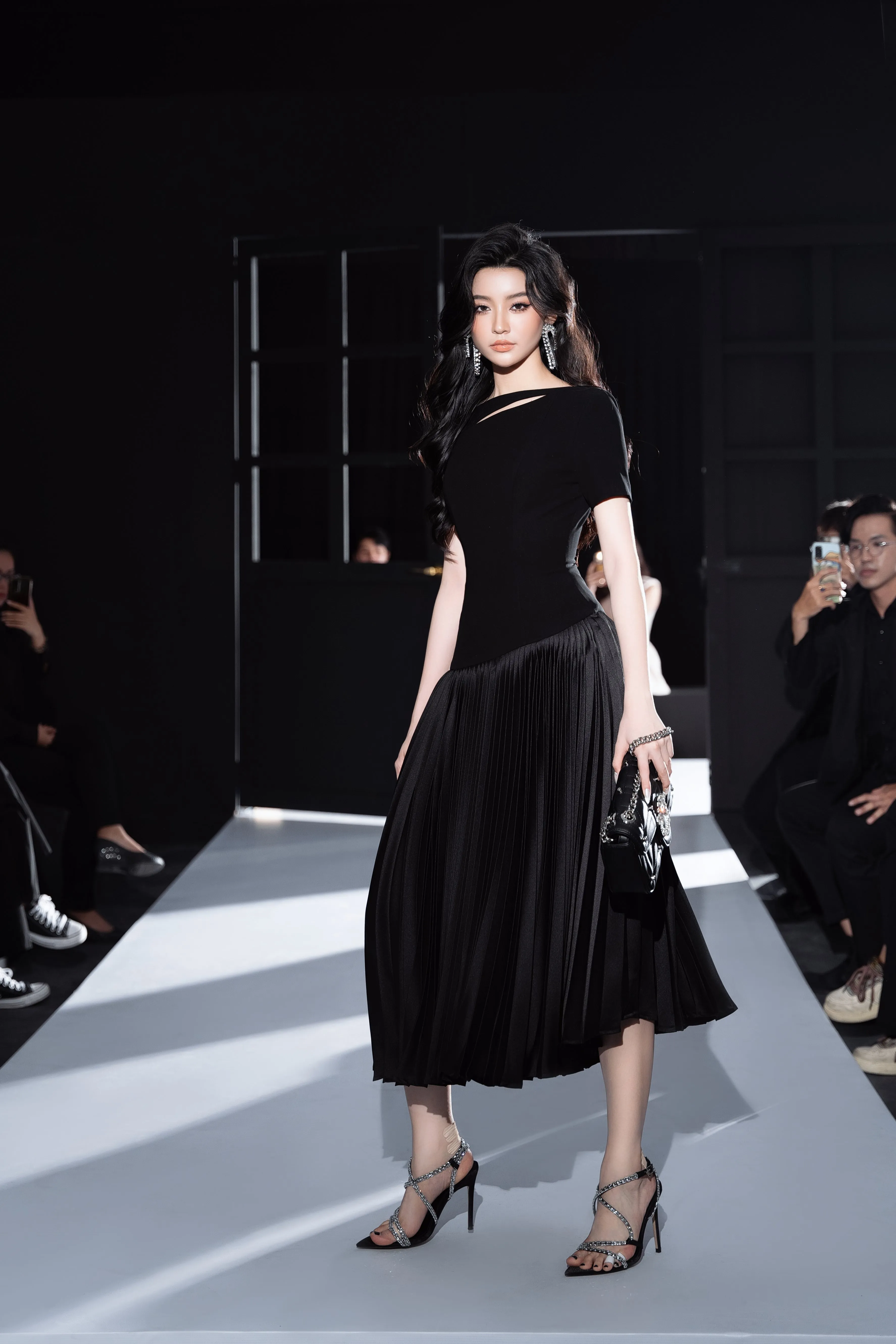 Alina Drop Waist Pleated Synthetic Velvet Midi Dress