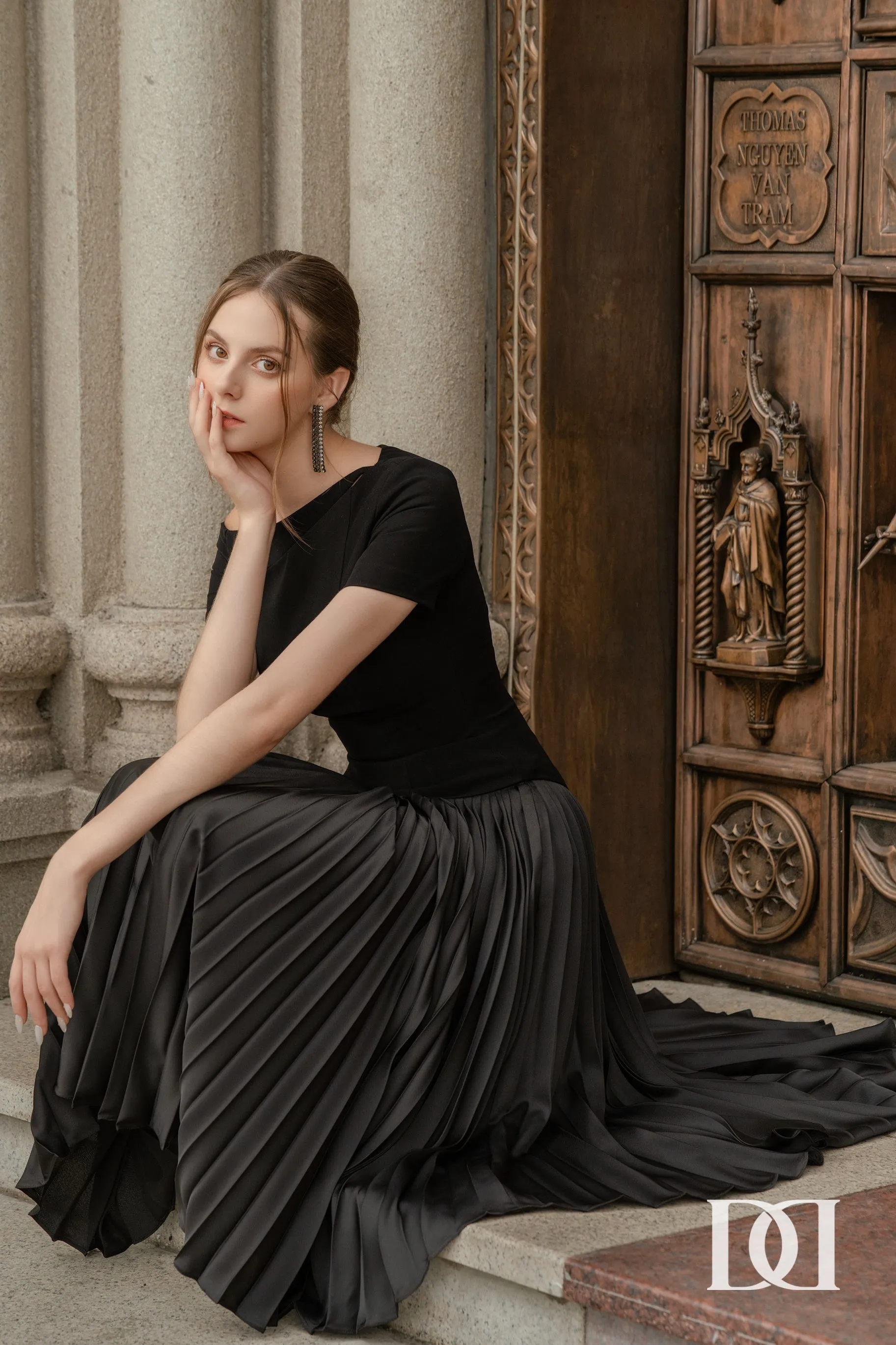 Alina Drop Waist Pleated Synthetic Velvet Midi Dress