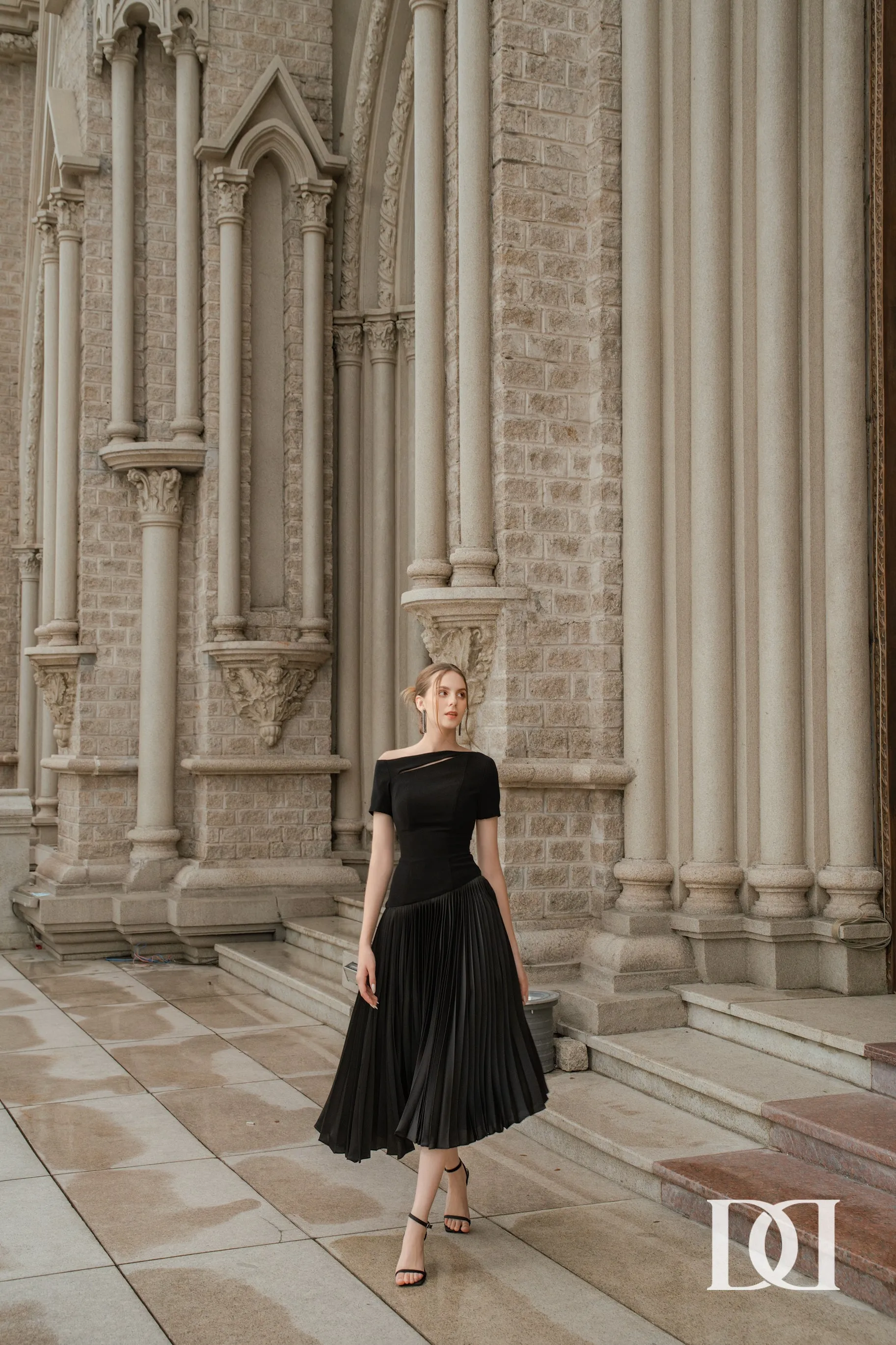 Alina Drop Waist Pleated Synthetic Velvet Midi Dress