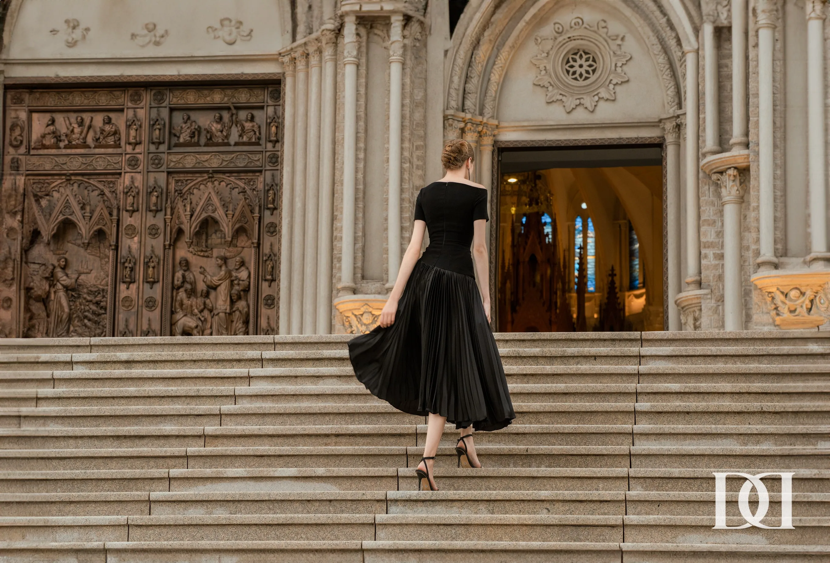 Alina Drop Waist Pleated Synthetic Velvet Midi Dress