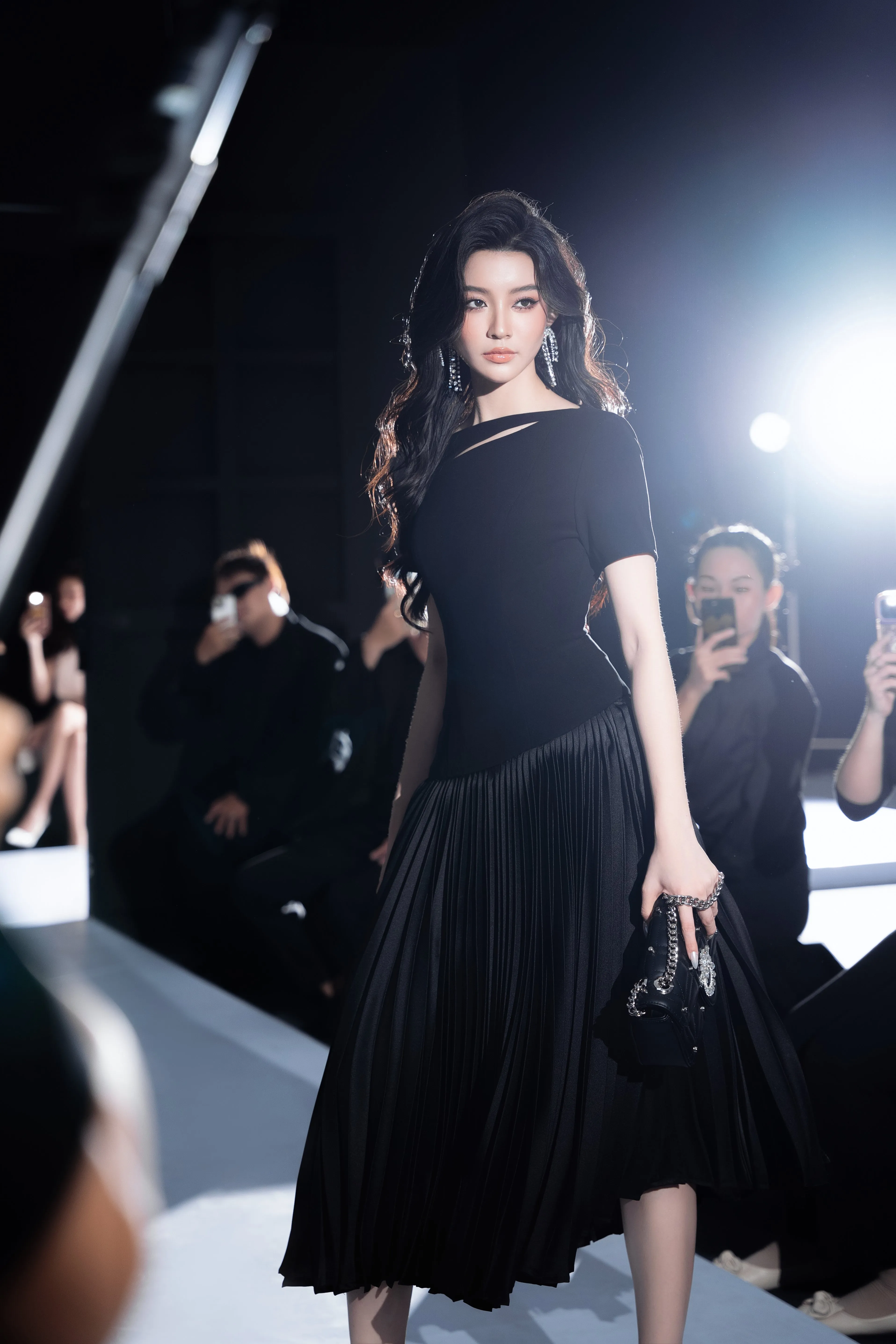 Alina Drop Waist Pleated Synthetic Velvet Midi Dress