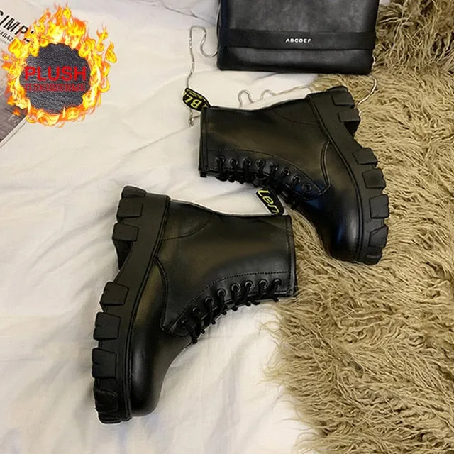 Botas Women Motorcycle Ankle Boots Wedges Female Lace Up Platforms Spring Black Leather Oxford Shoes Woman 2020 Botas Mujer