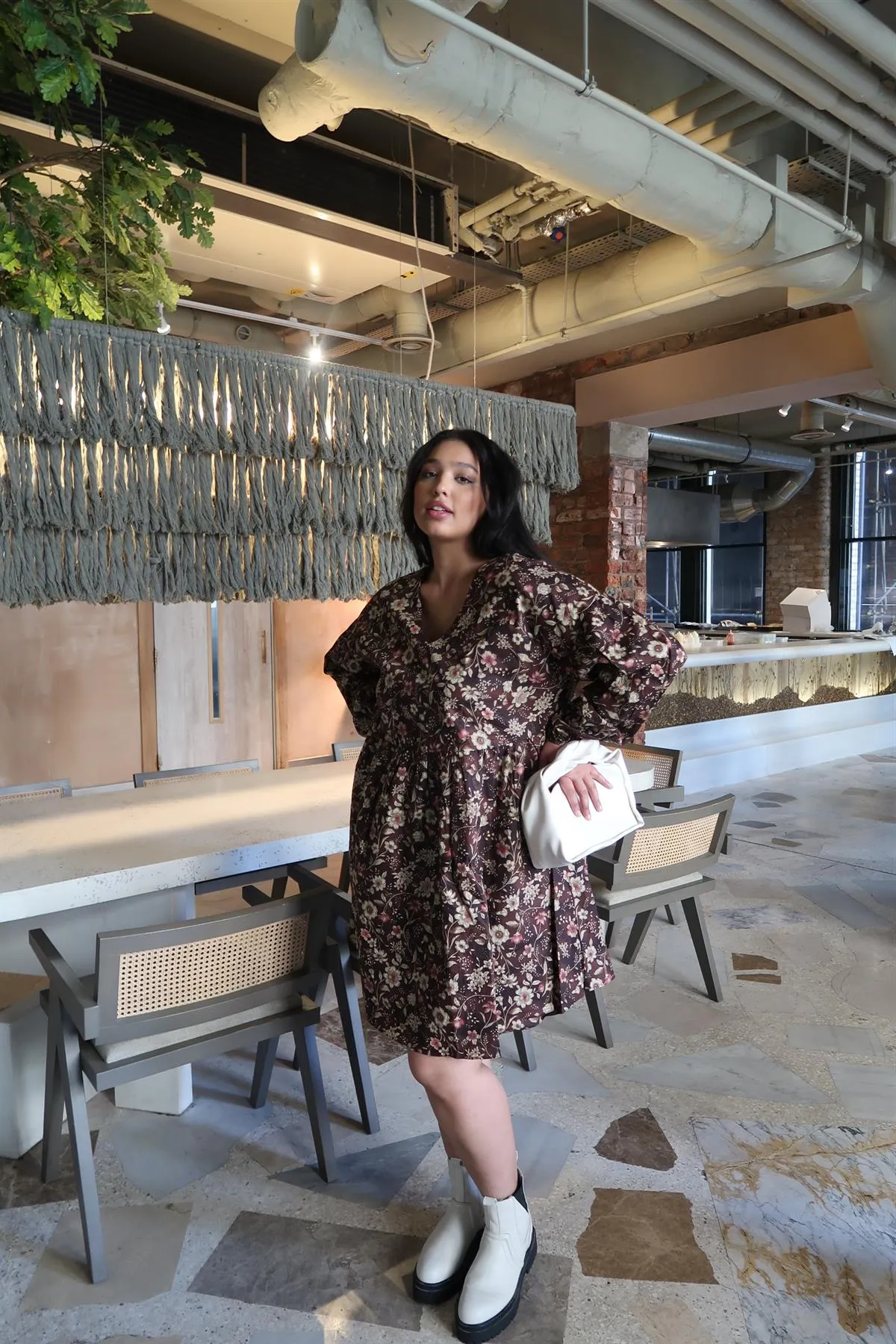 Brown Floral Midi-Dress