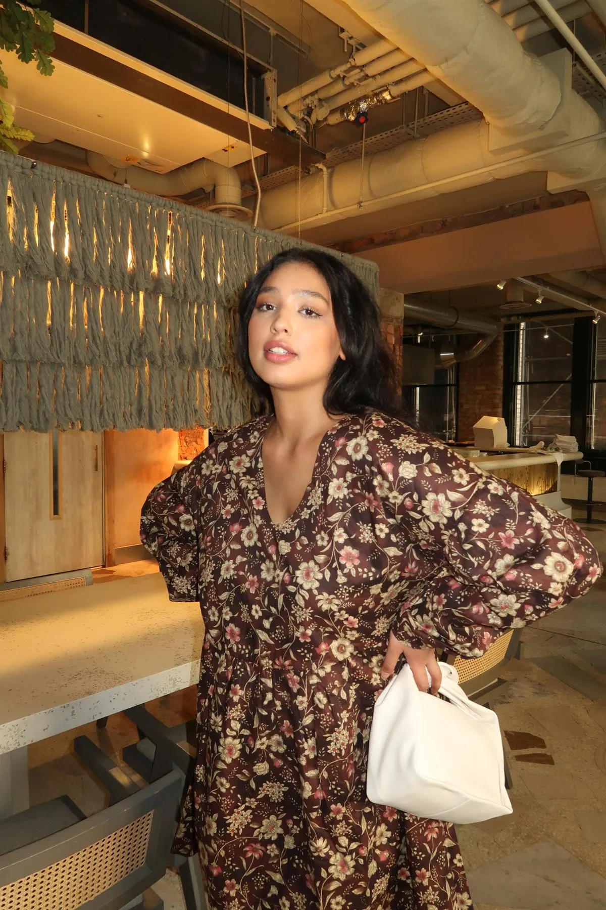 Brown Floral Midi-Dress