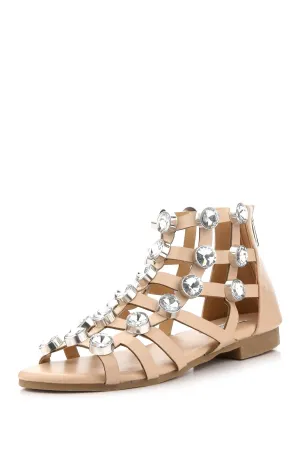 Cape Robbin Omh-24 Vegan Leather Big Gems Rhinestone Caged Flat Gladiator Sandal