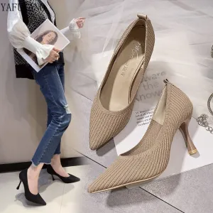 Fashion Black High Heels 2019 New Shallow Mouth Women's Shoes Professional Work Shoes Pointed Toe Stiletto Knitted Single Shoes