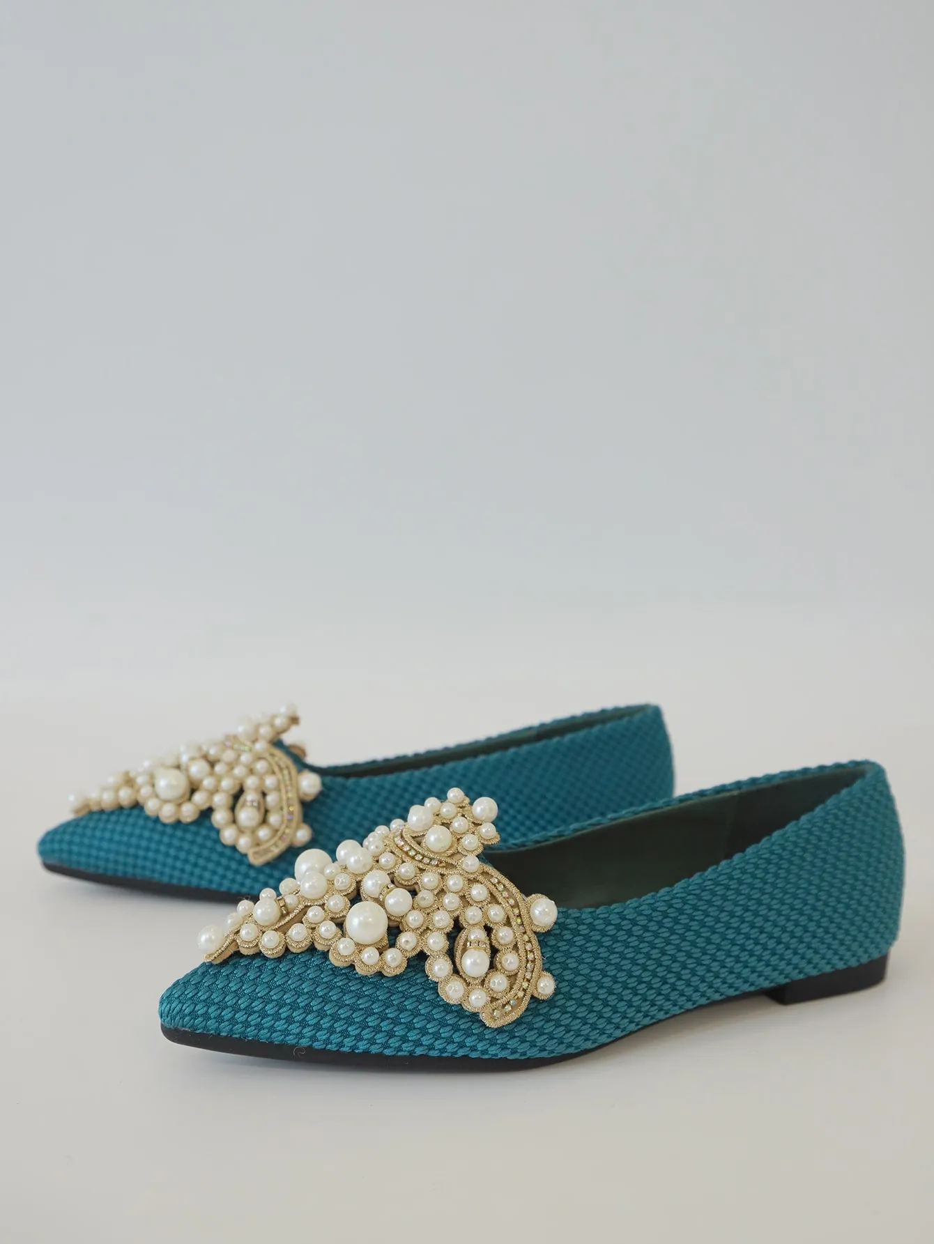 Faux Pearl & Rhinestone Decor Slingback Flats