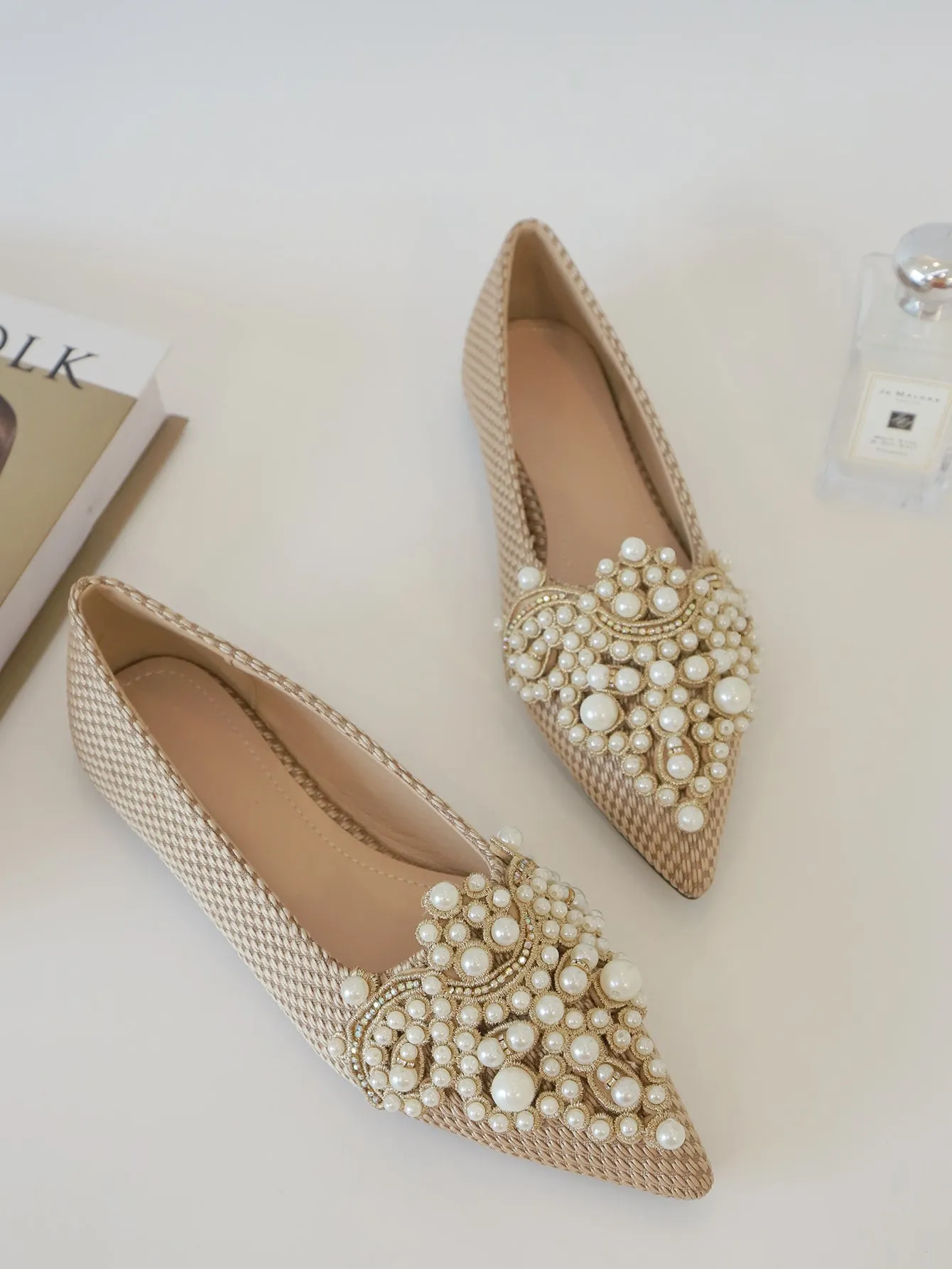 Faux Pearl & Rhinestone Decor Slingback Flats