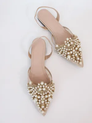 Faux Pearl & Rhinestone Decor Slingback Flats
