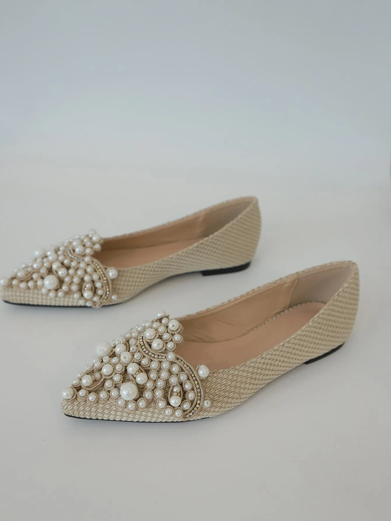 Faux Pearl & Rhinestone Decor Slingback Flats