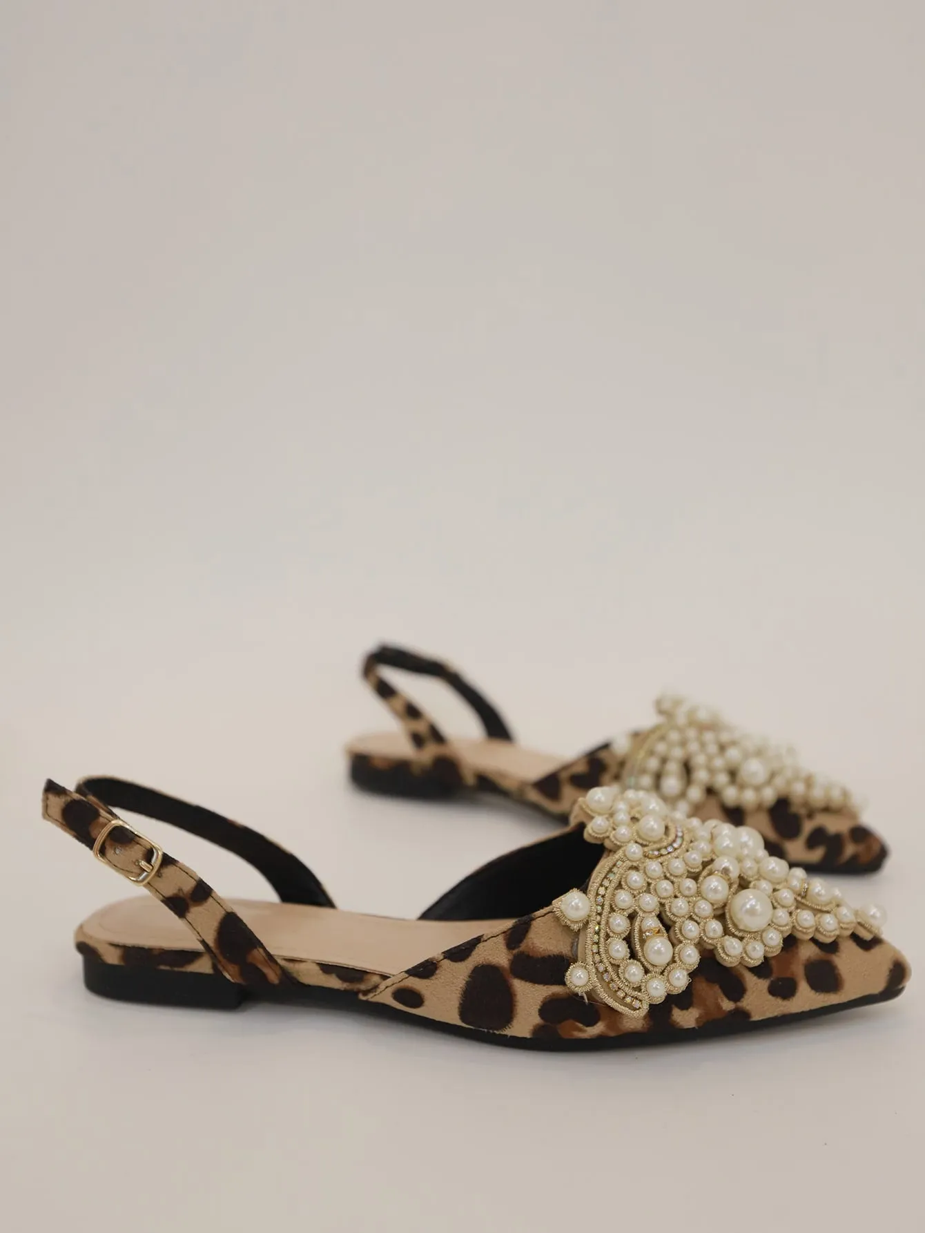 Faux Pearl & Rhinestone Decor Slingback Flats
