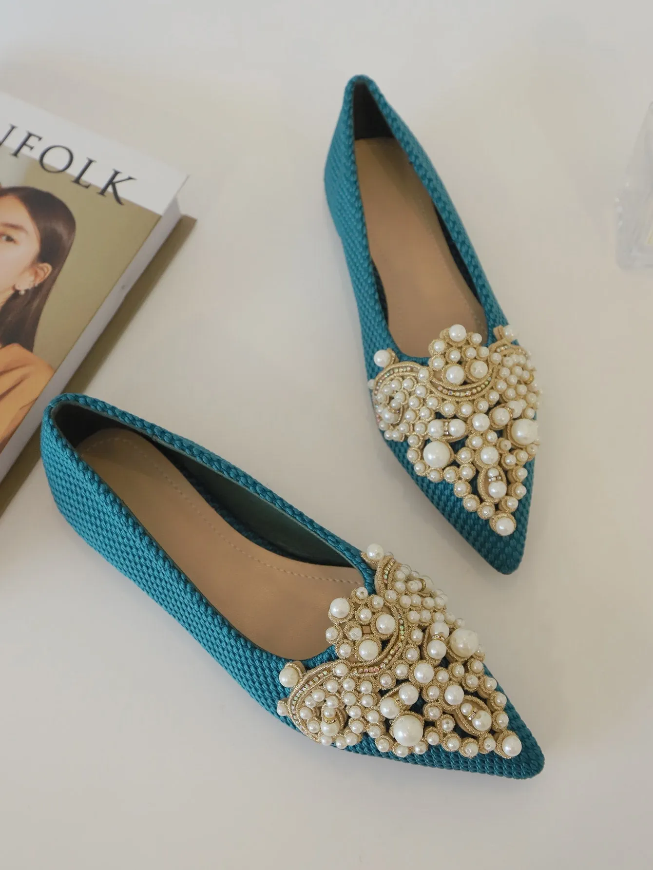 Faux Pearl & Rhinestone Decor Slingback Flats