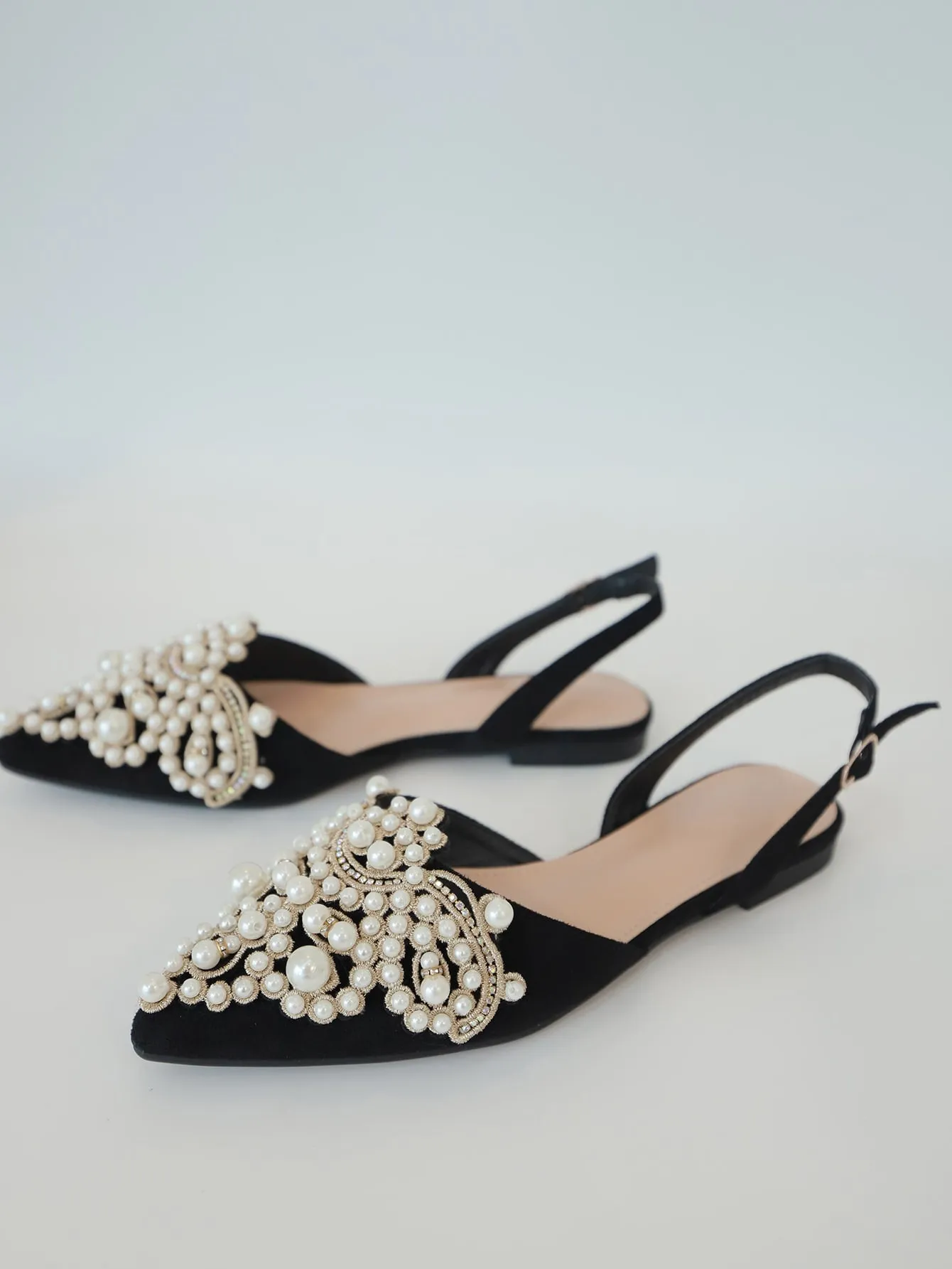 Faux Pearl & Rhinestone Decor Slingback Flats