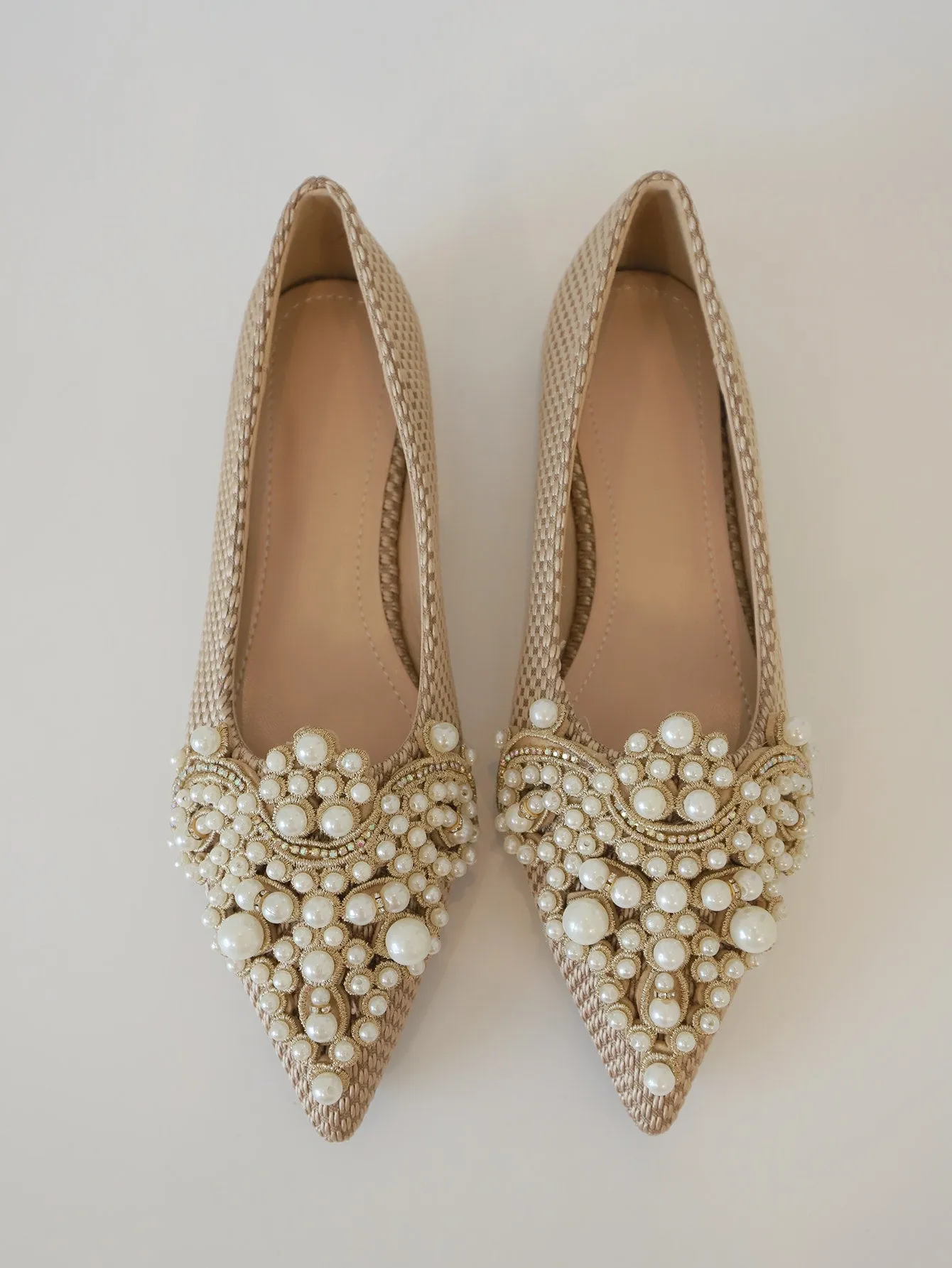 Faux Pearl & Rhinestone Decor Slingback Flats