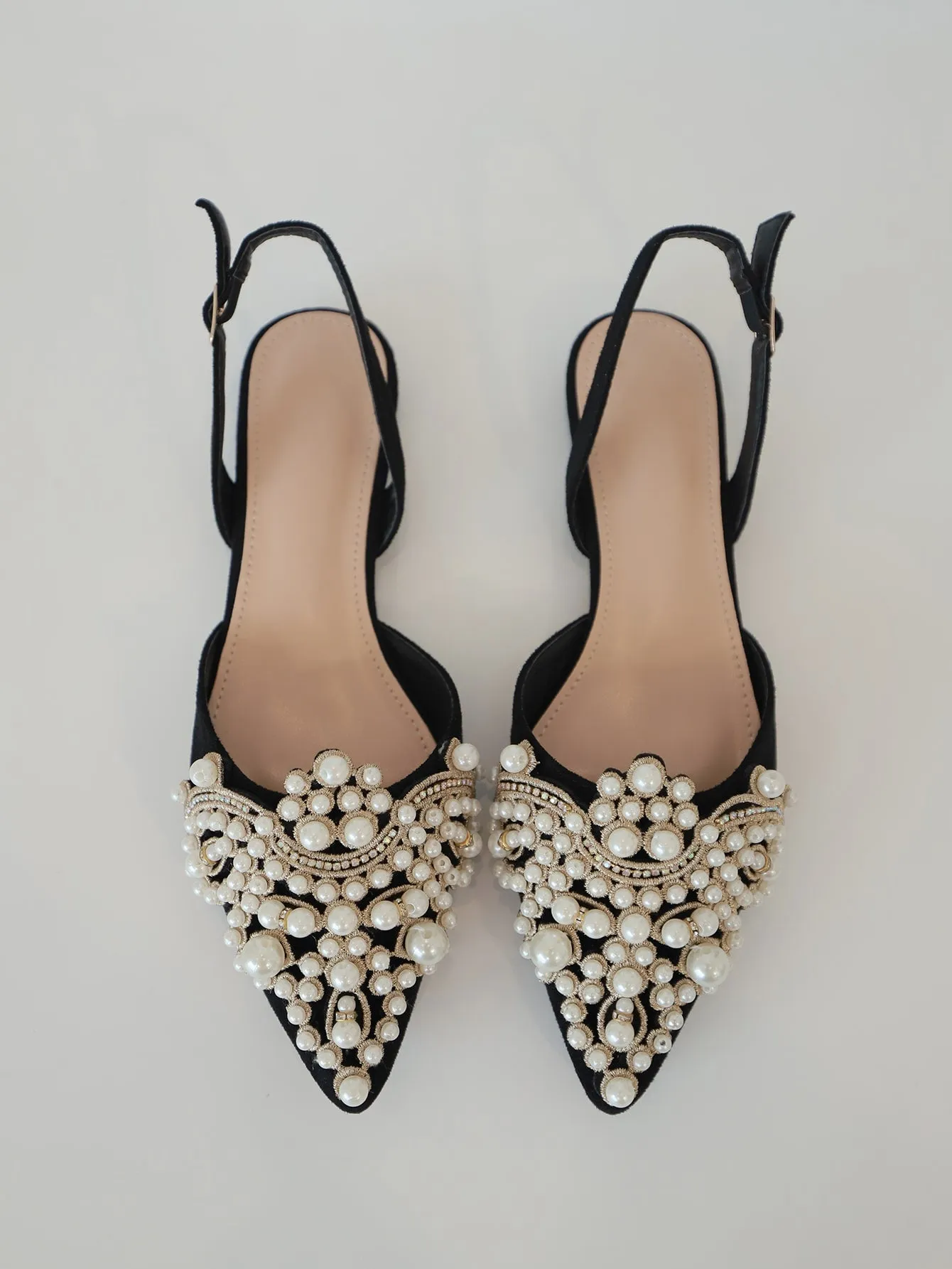 Faux Pearl & Rhinestone Decor Slingback Flats