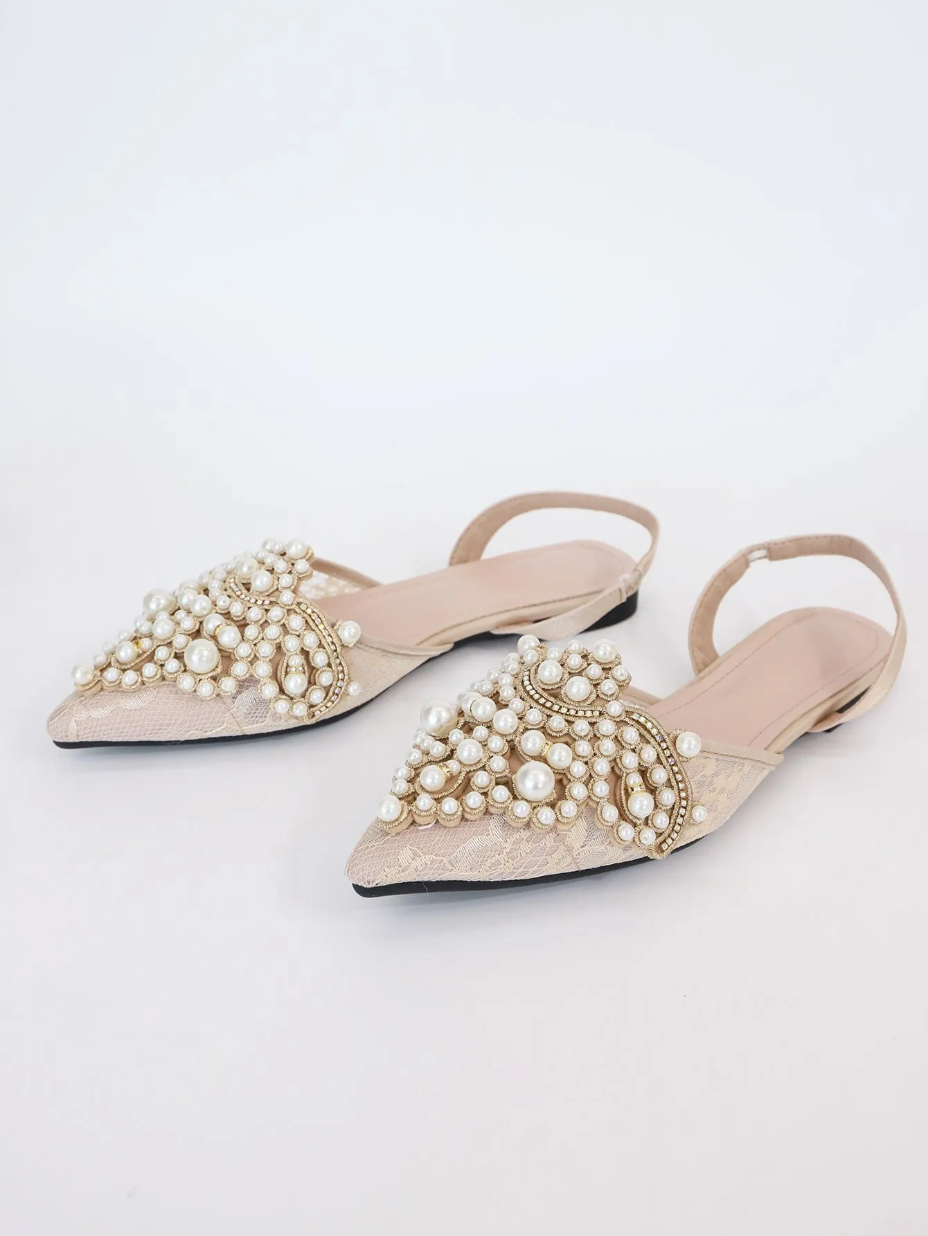 Faux Pearl & Rhinestone Decor Slingback Flats