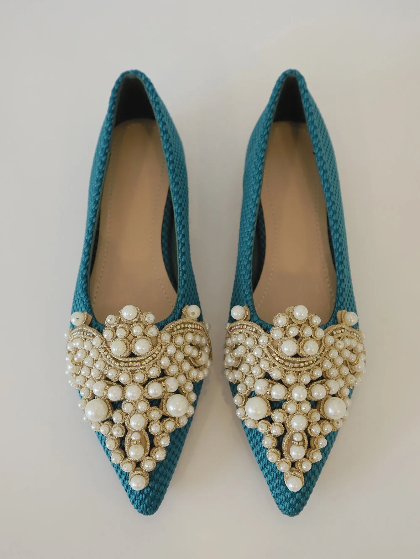 Faux Pearl & Rhinestone Decor Slingback Flats