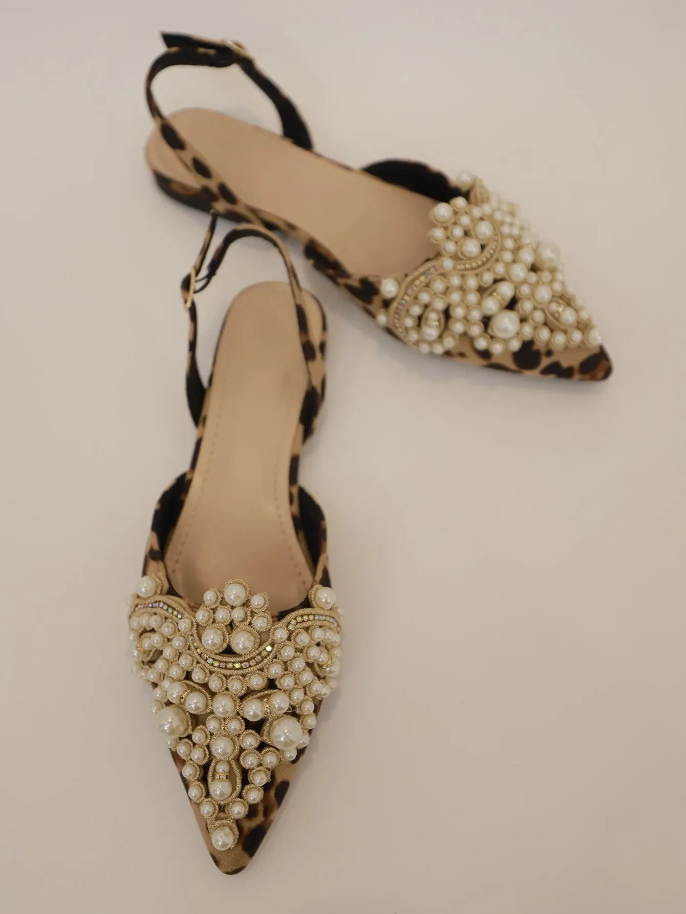 Faux Pearl & Rhinestone Decor Slingback Flats