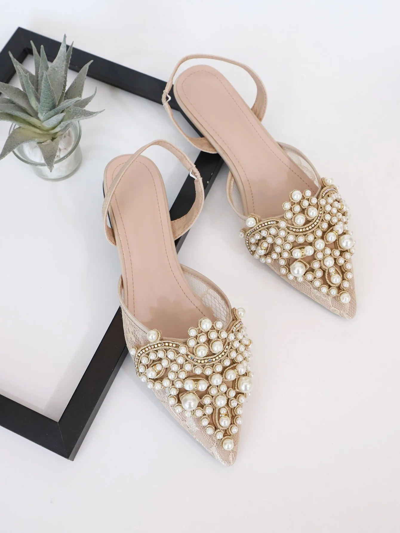 Faux Pearl & Rhinestone Decor Slingback Flats