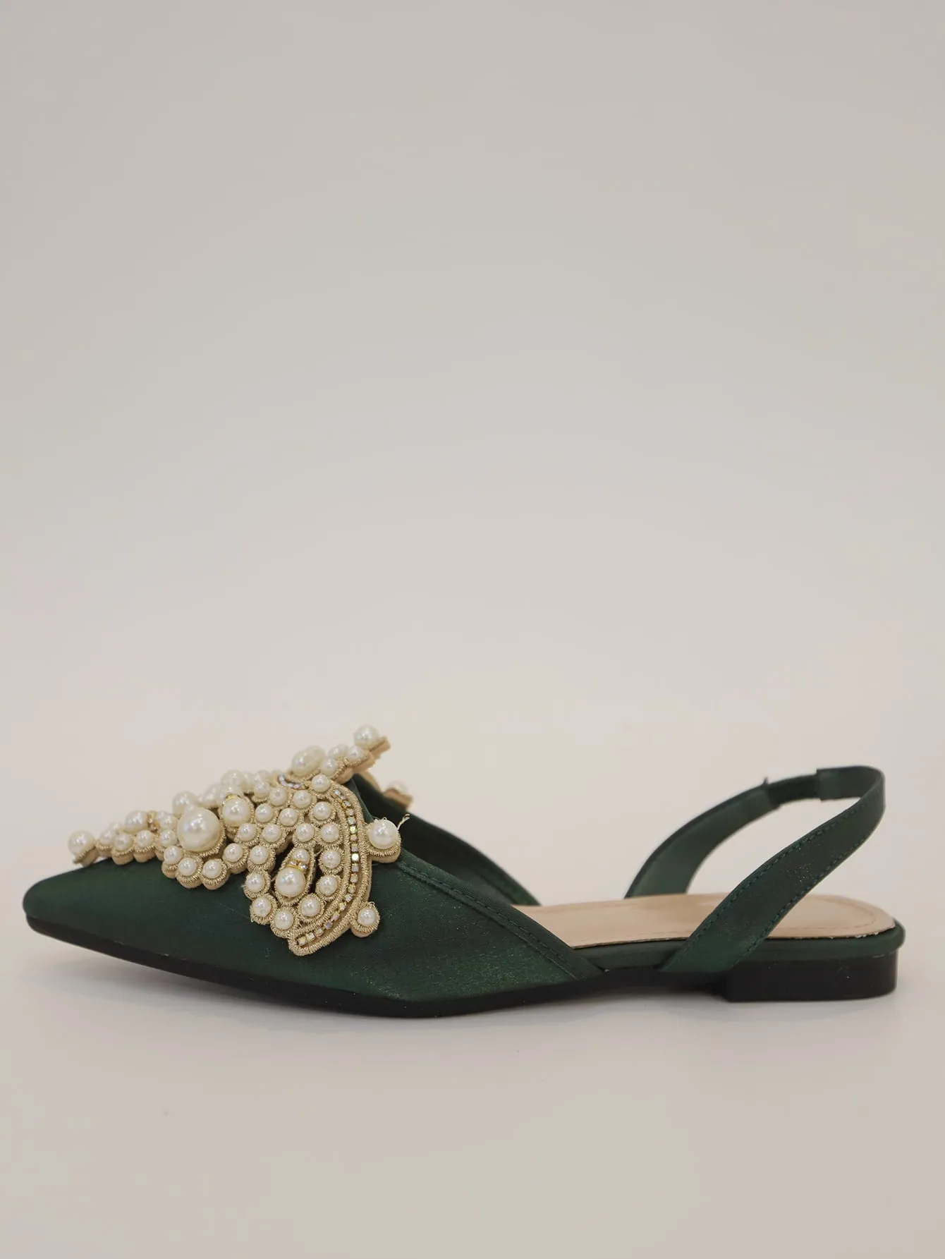 Faux Pearl & Rhinestone Decor Slingback Flats