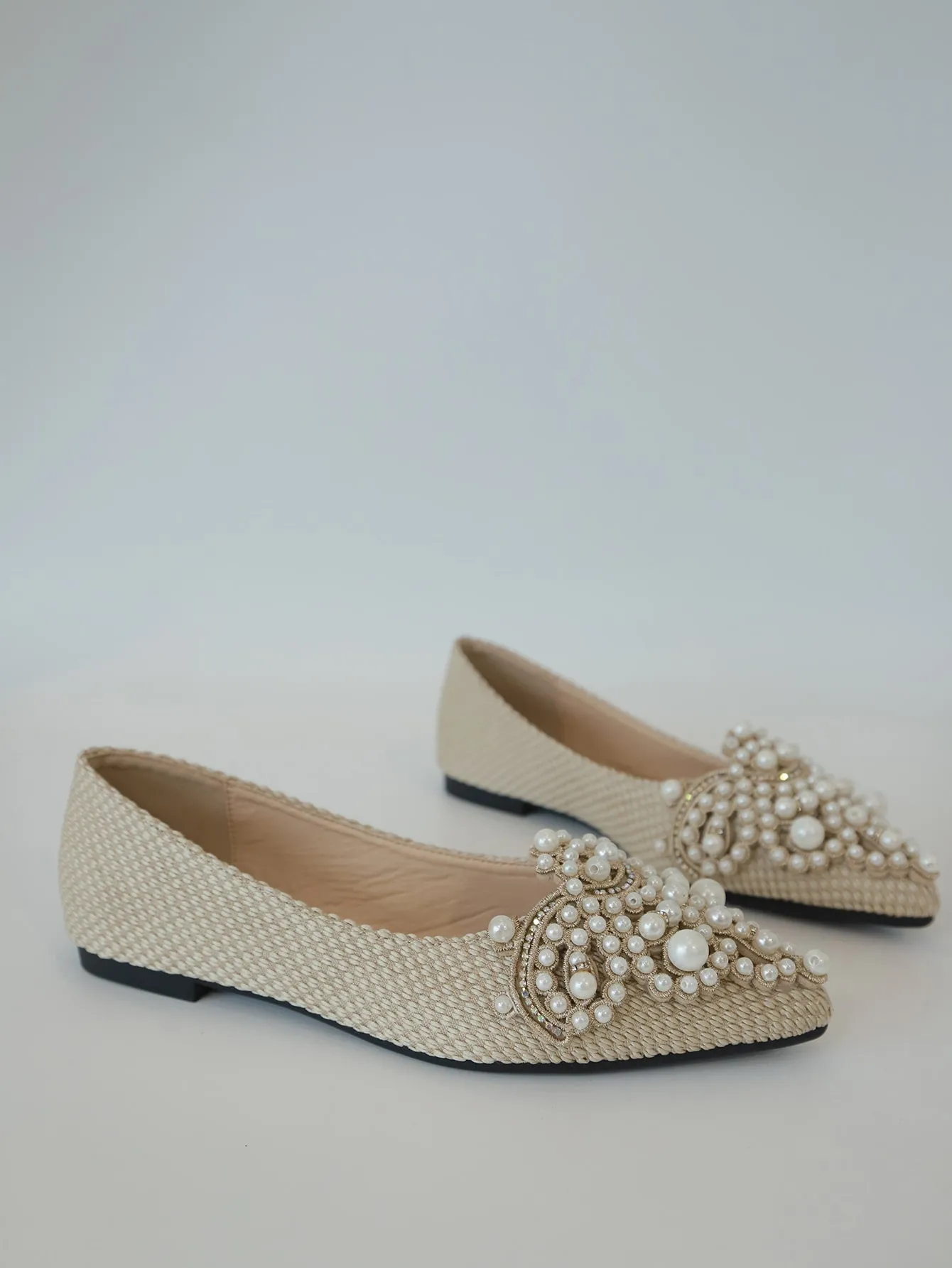 Faux Pearl & Rhinestone Decor Slingback Flats