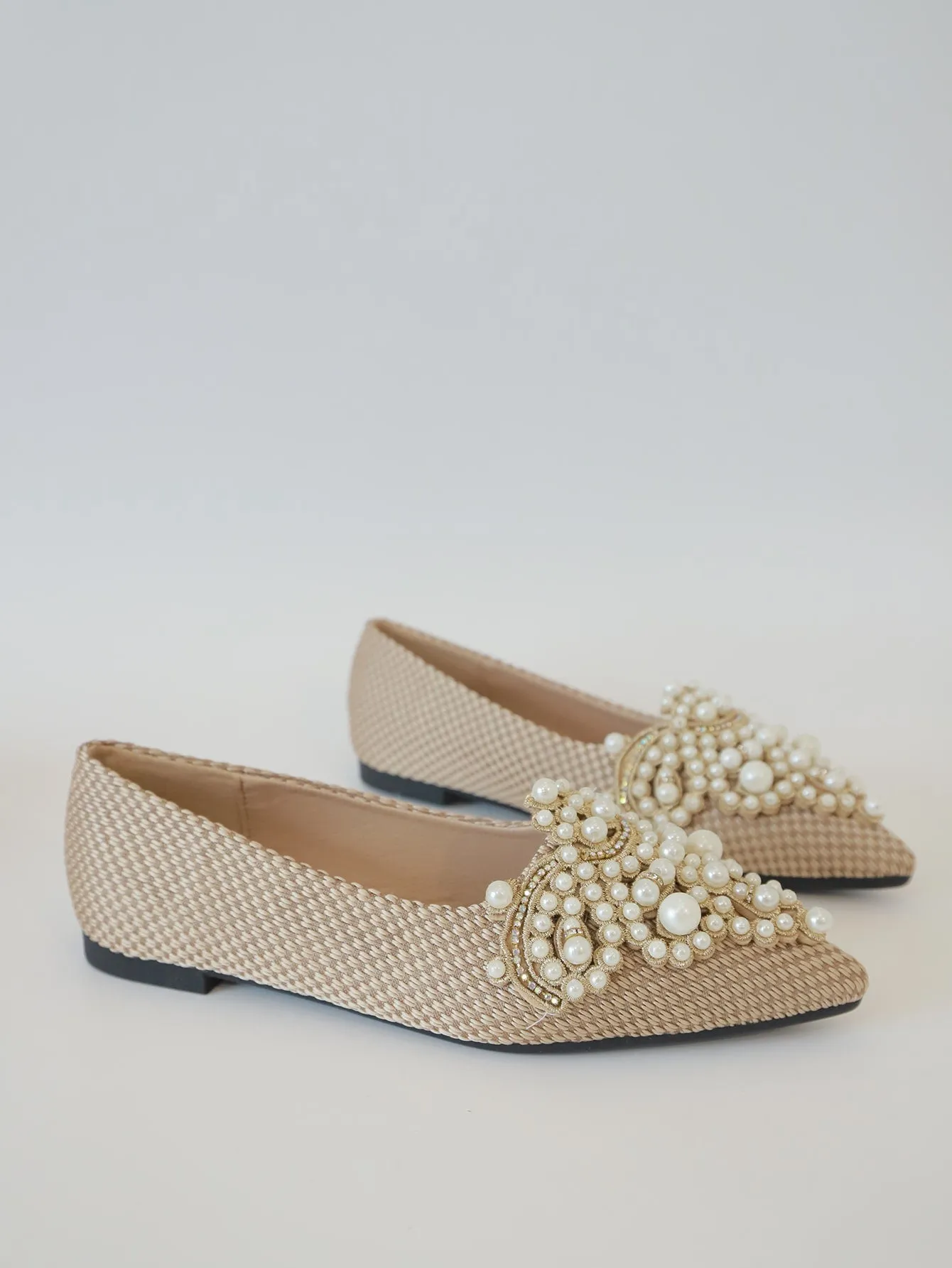 Faux Pearl & Rhinestone Decor Slingback Flats
