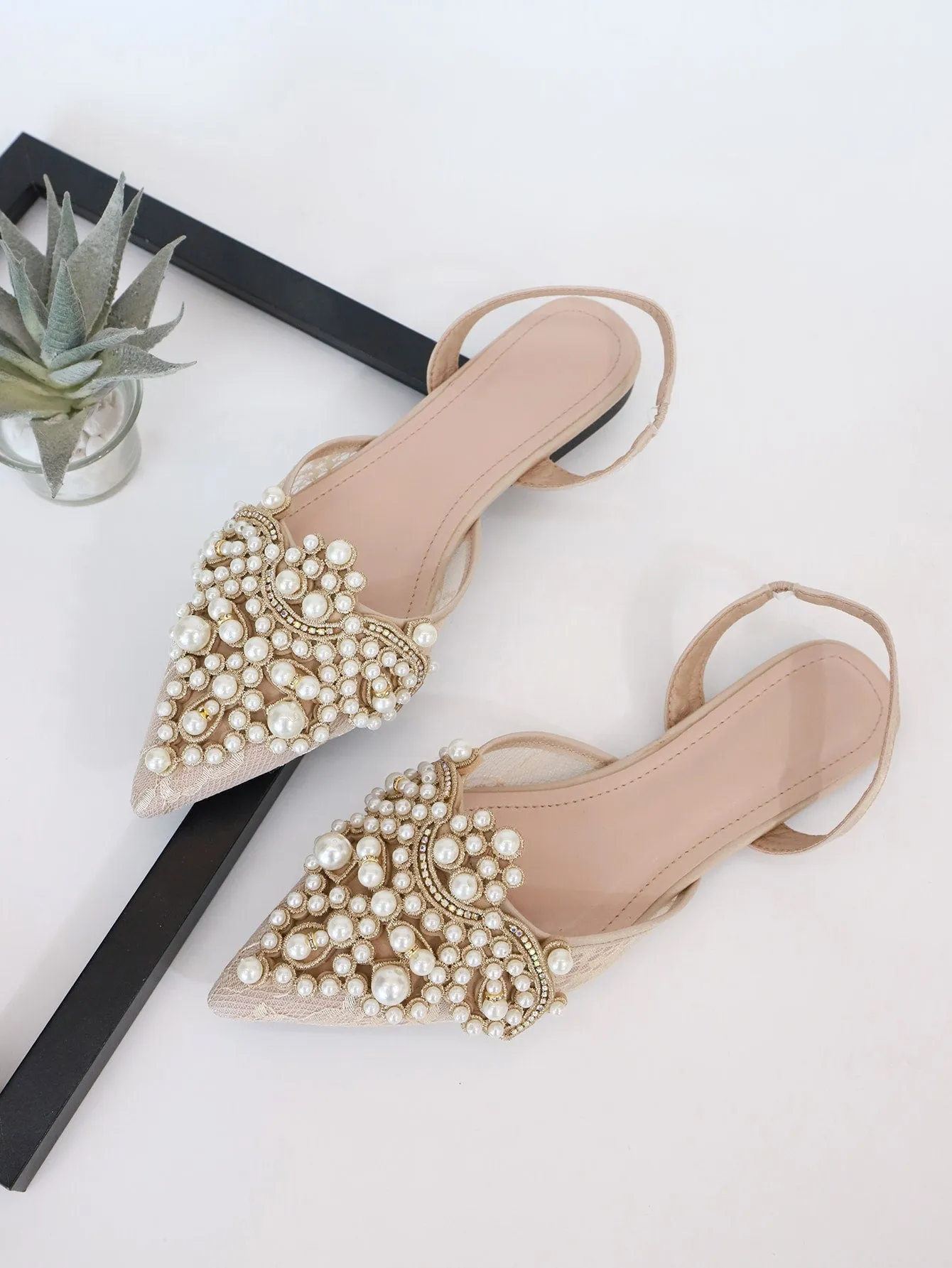 Faux Pearl & Rhinestone Decor Slingback Flats