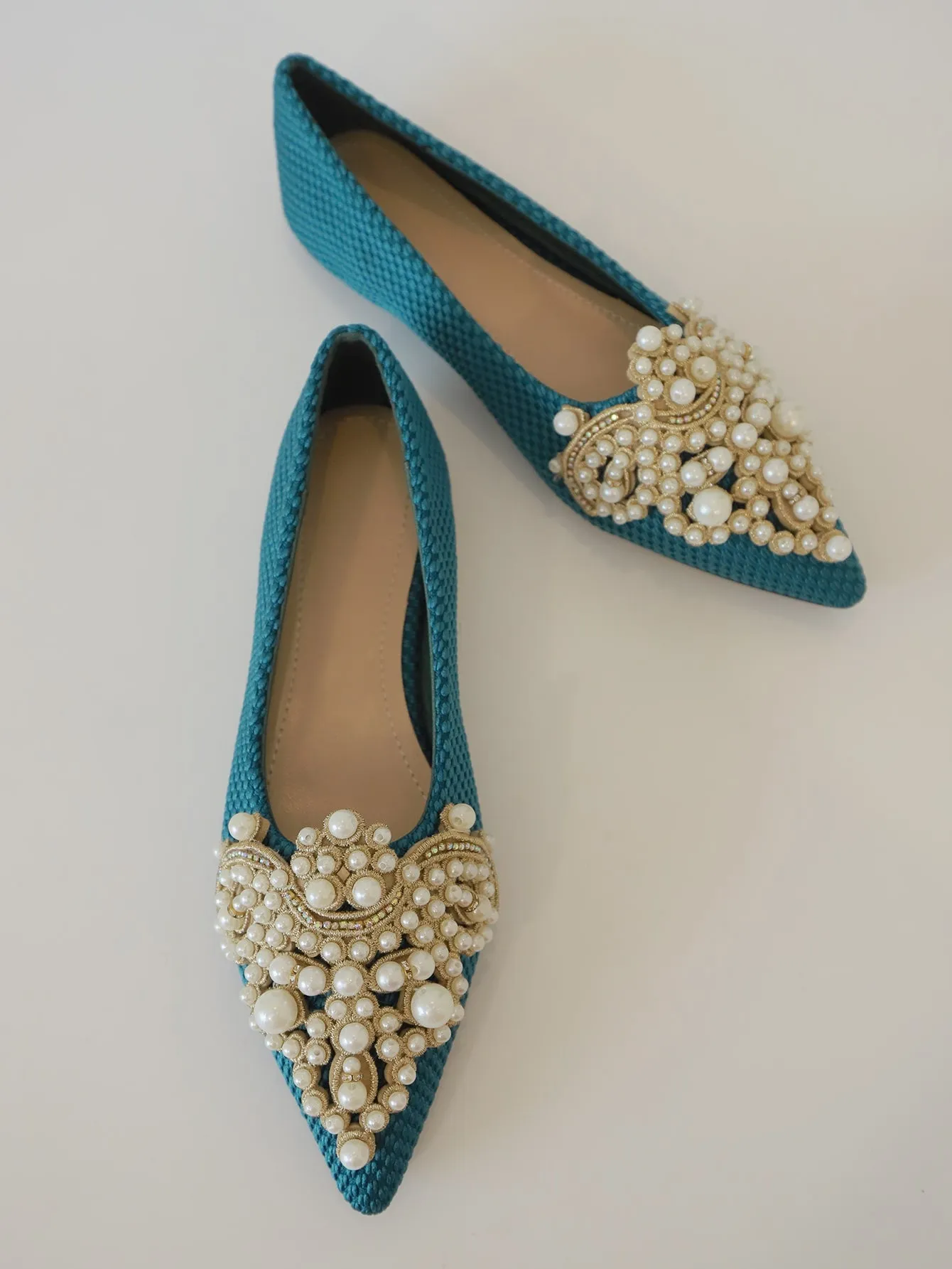 Faux Pearl & Rhinestone Decor Slingback Flats