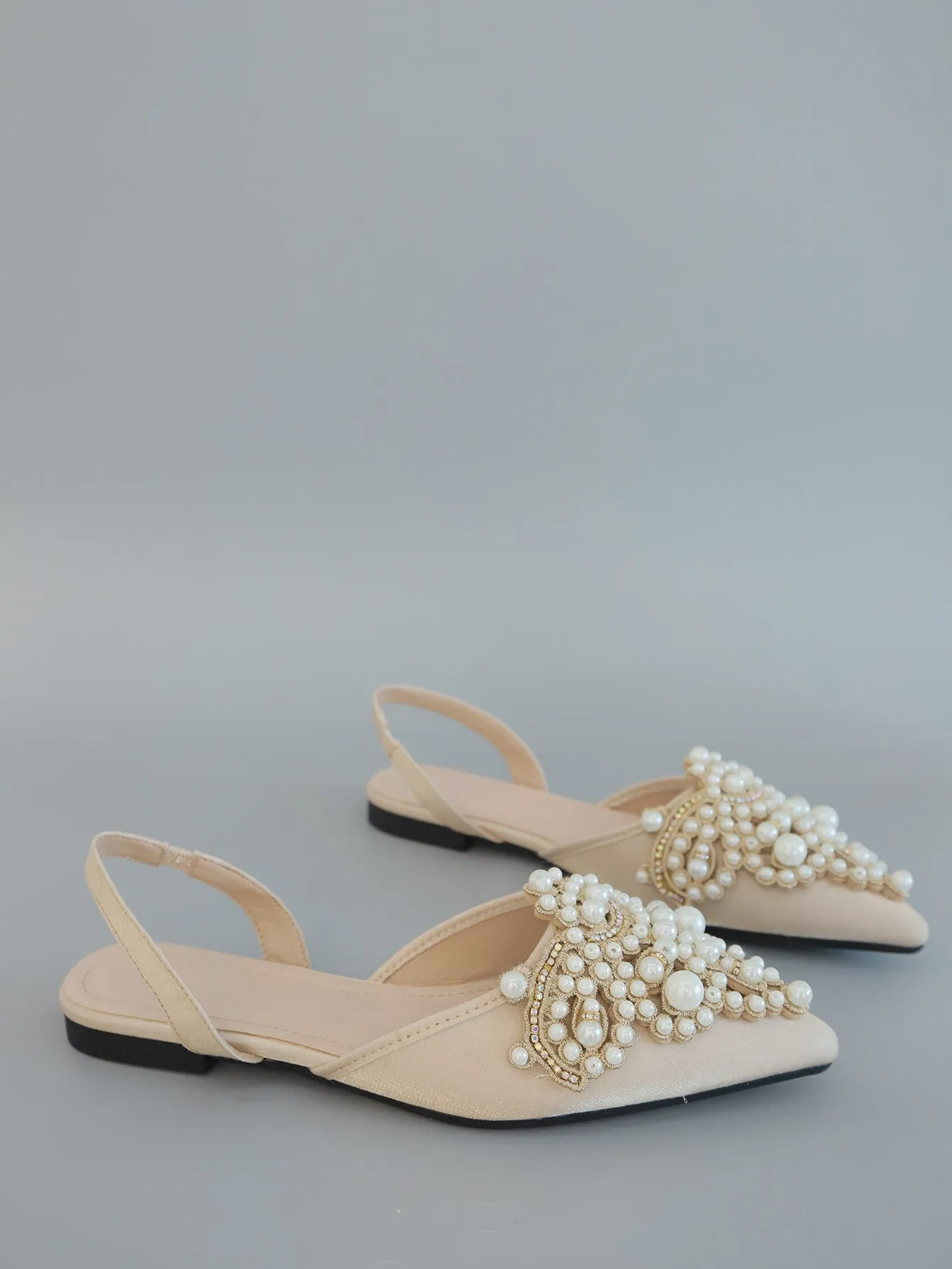 Faux Pearl & Rhinestone Decor Slingback Flats
