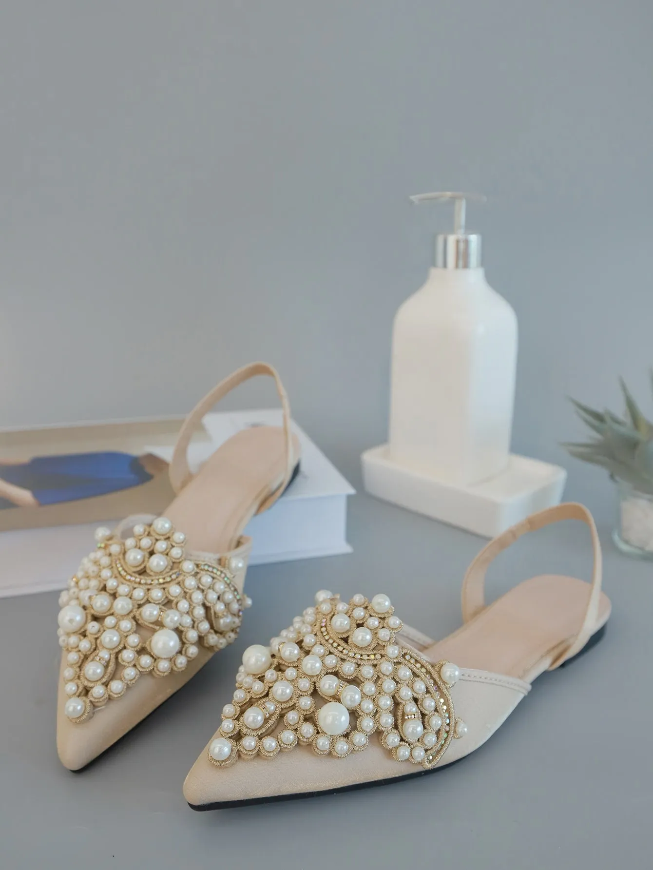 Faux Pearl & Rhinestone Decor Slingback Flats