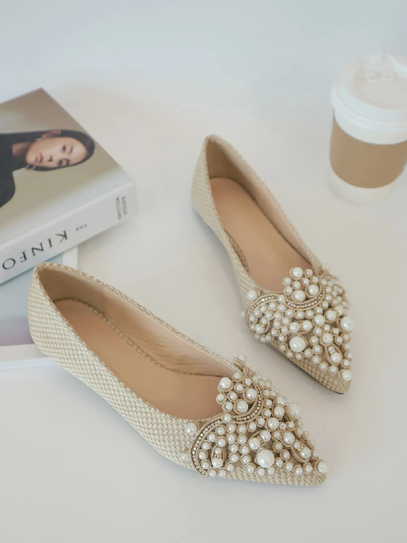 Faux Pearl & Rhinestone Decor Slingback Flats