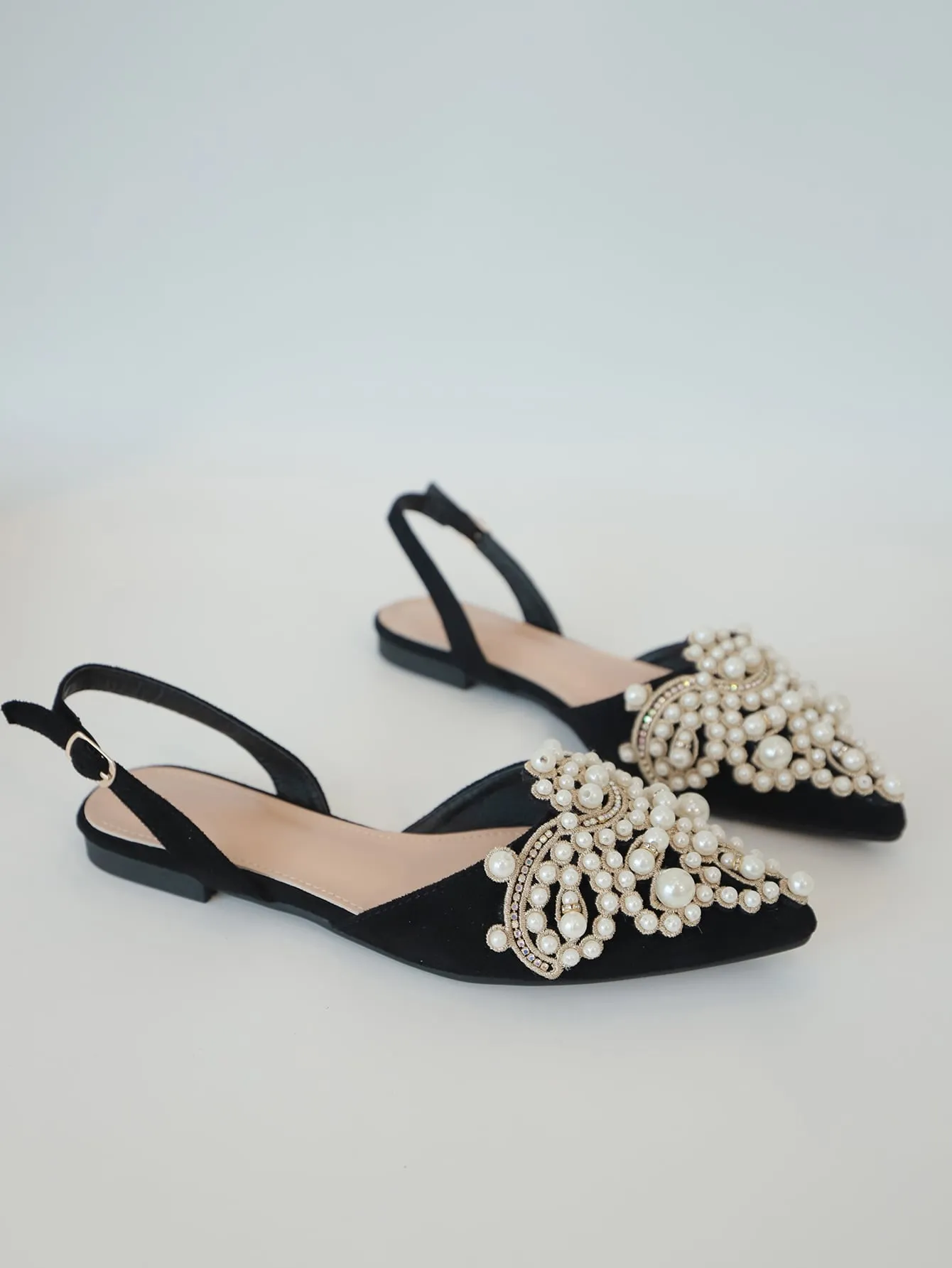 Faux Pearl & Rhinestone Decor Slingback Flats