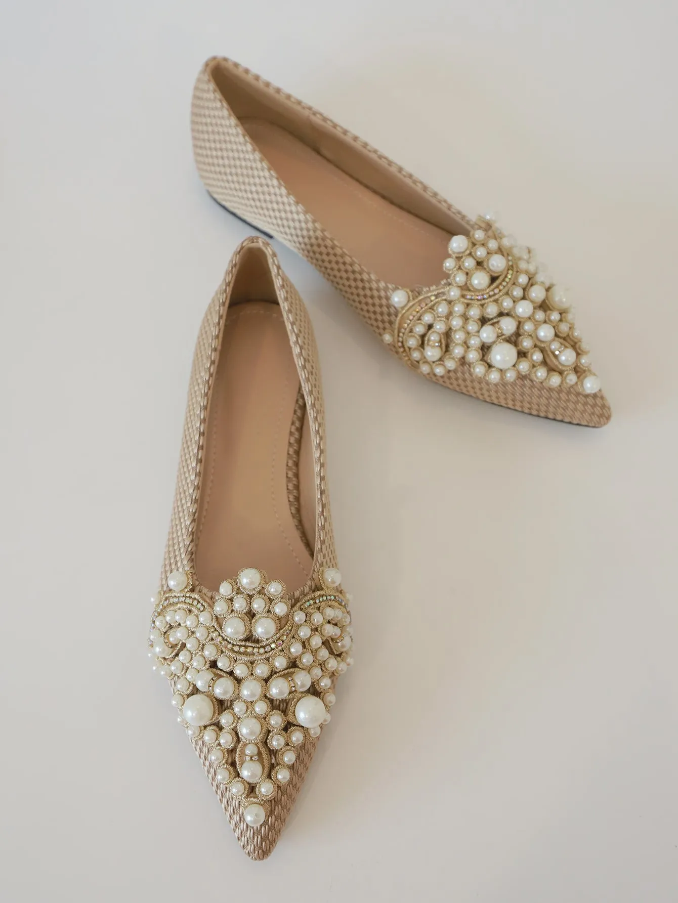 Faux Pearl & Rhinestone Decor Slingback Flats