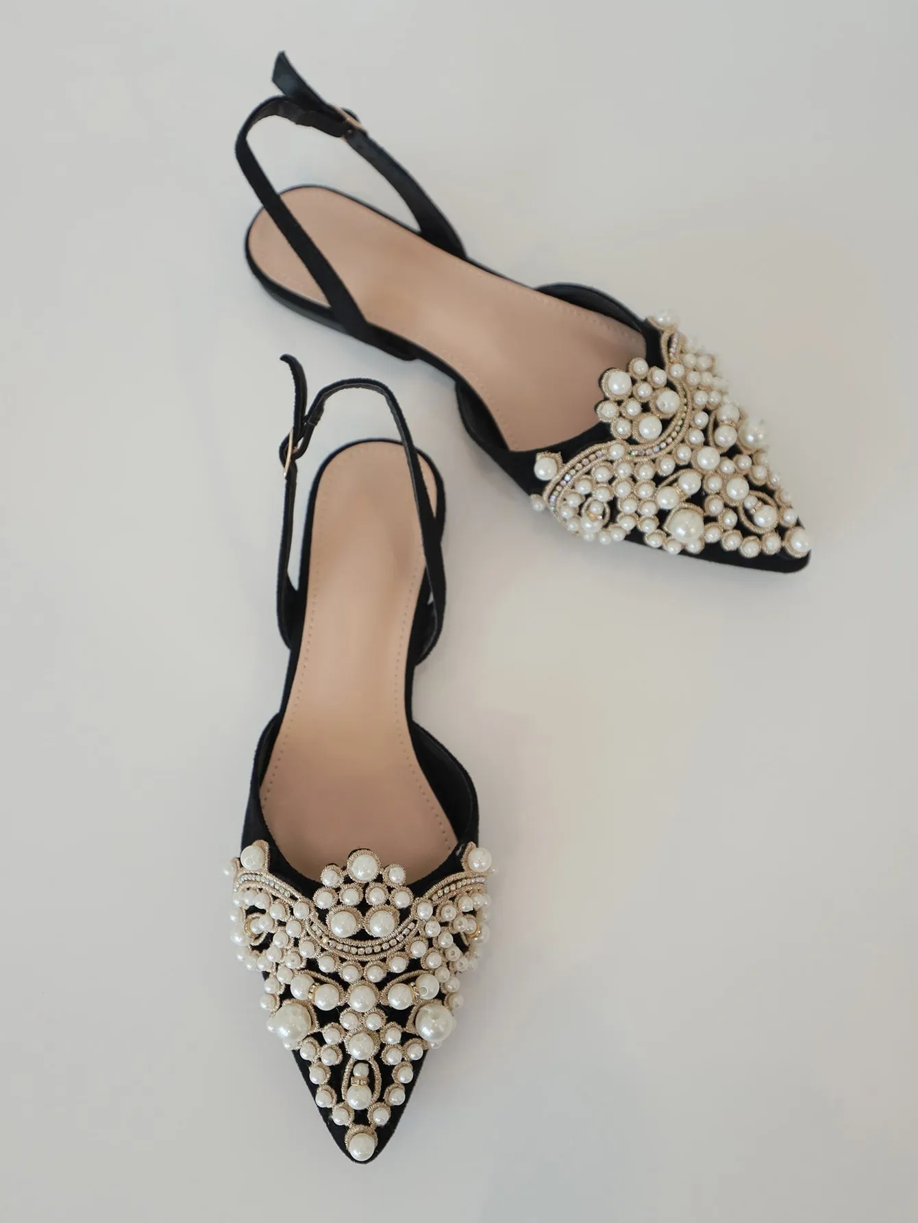 Faux Pearl & Rhinestone Decor Slingback Flats