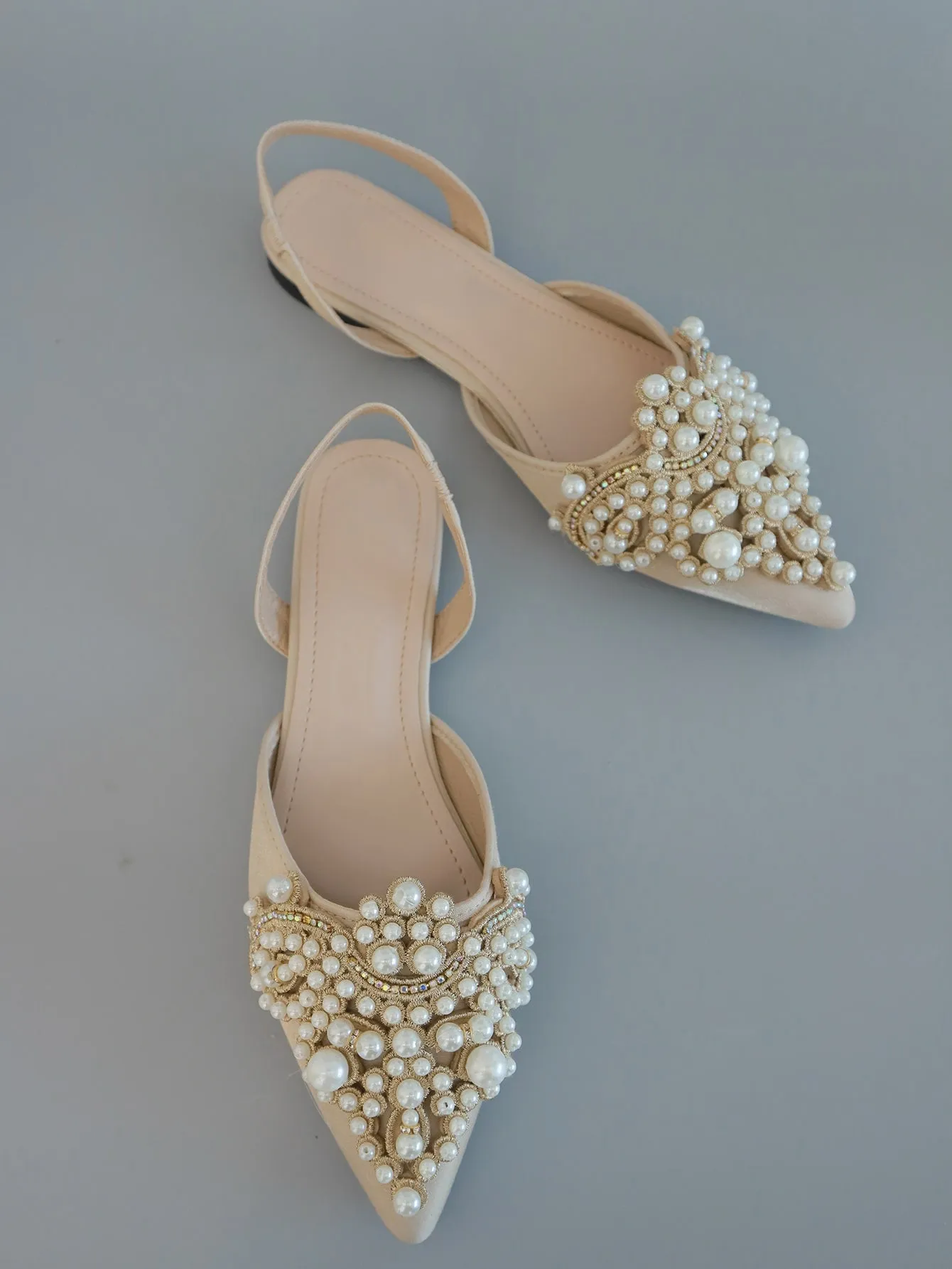Faux Pearl & Rhinestone Decor Slingback Flats