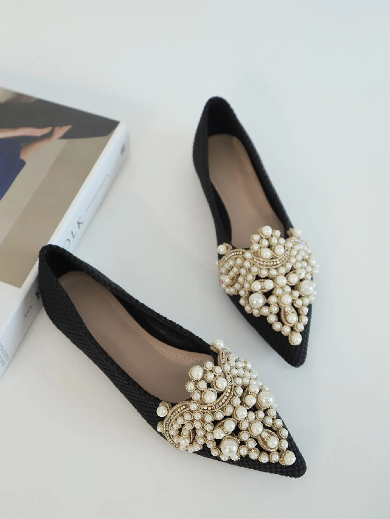 Faux Pearl & Rhinestone Decor Slingback Flats