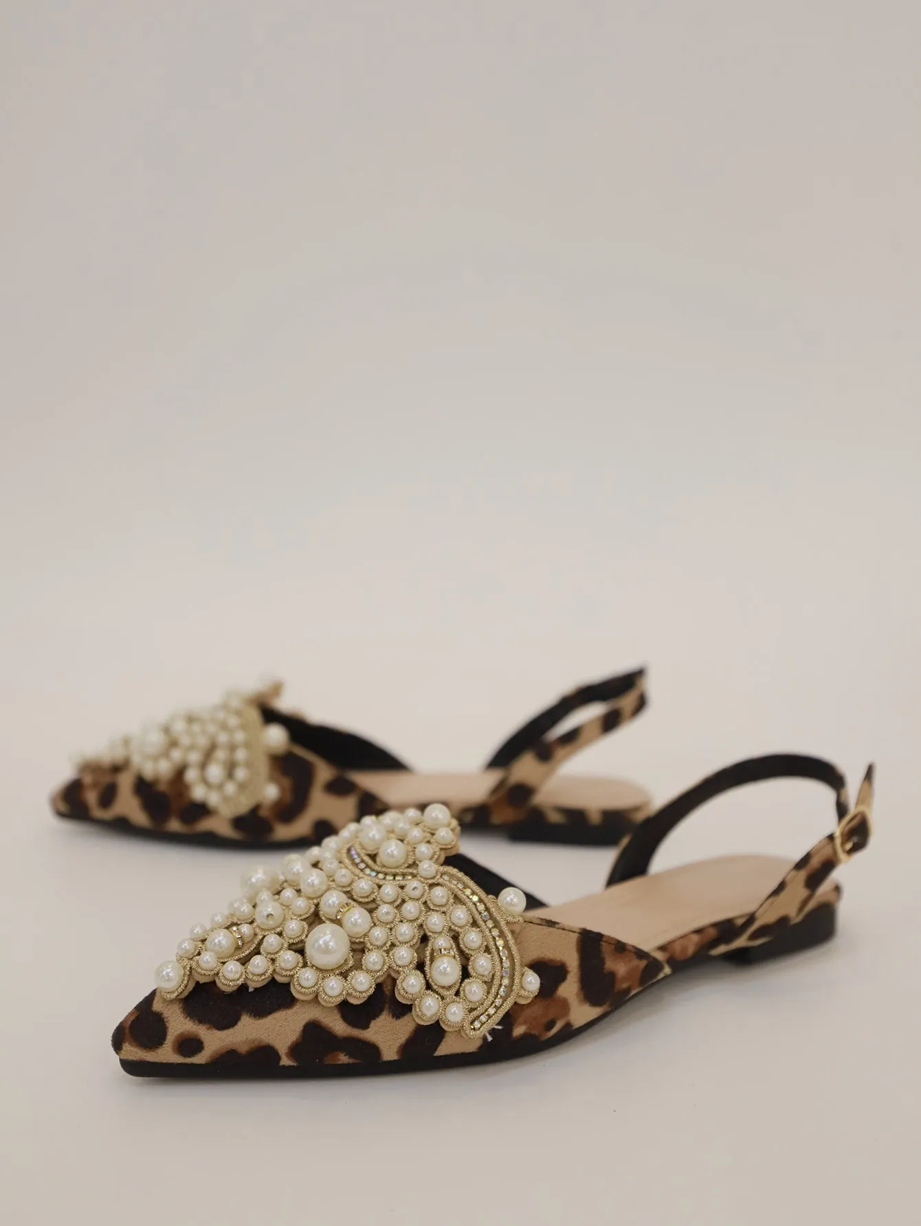 Faux Pearl & Rhinestone Decor Slingback Flats