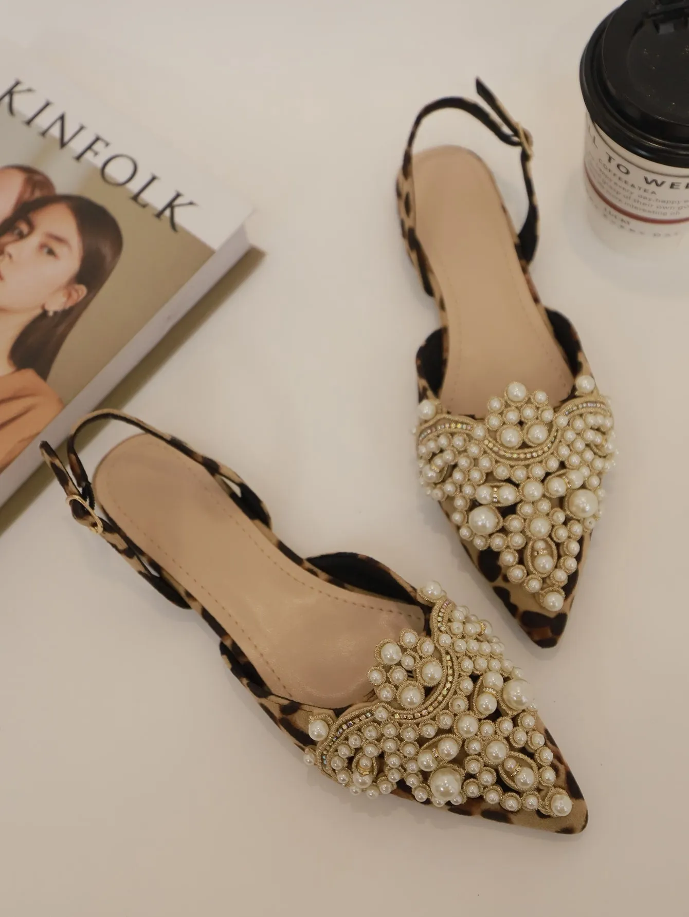 Faux Pearl & Rhinestone Decor Slingback Flats