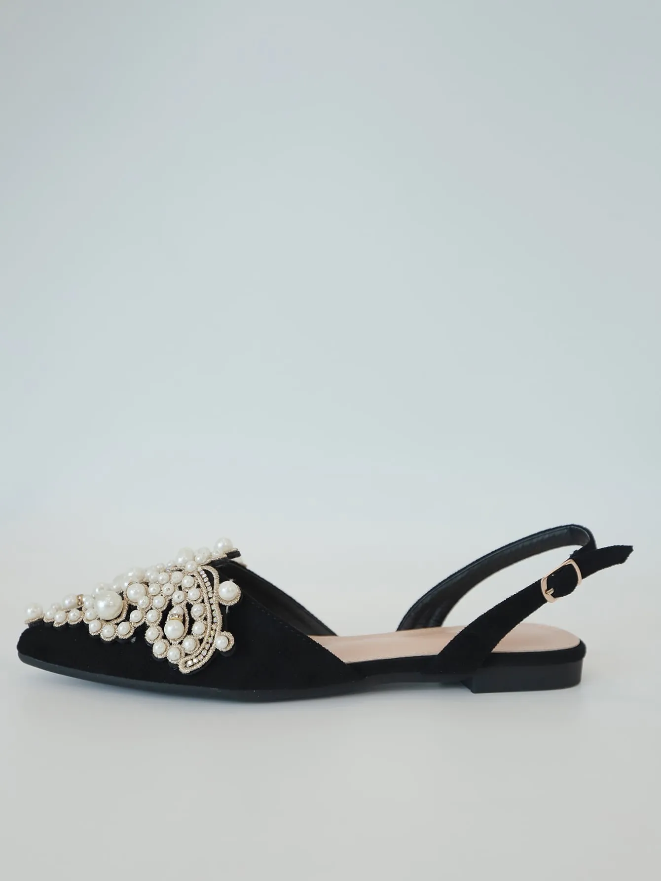 Faux Pearl & Rhinestone Decor Slingback Flats