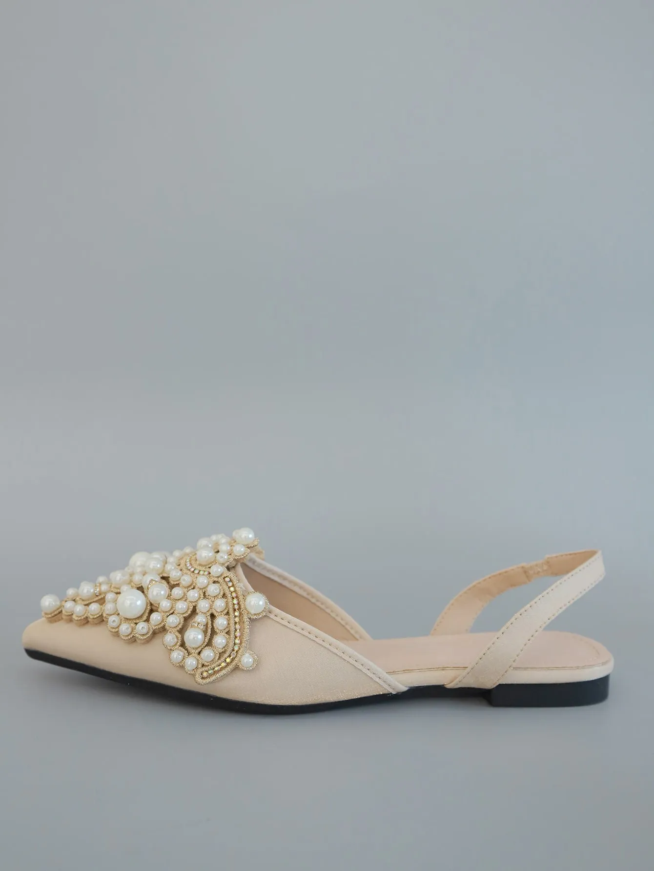 Faux Pearl & Rhinestone Decor Slingback Flats