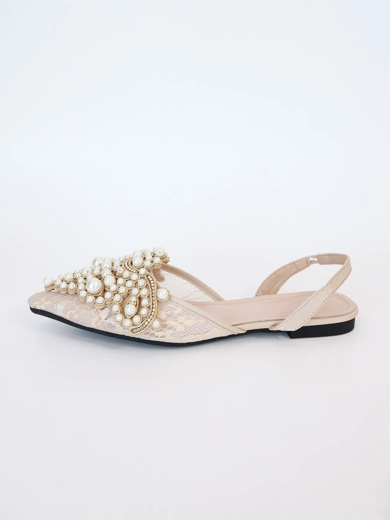 Faux Pearl & Rhinestone Decor Slingback Flats