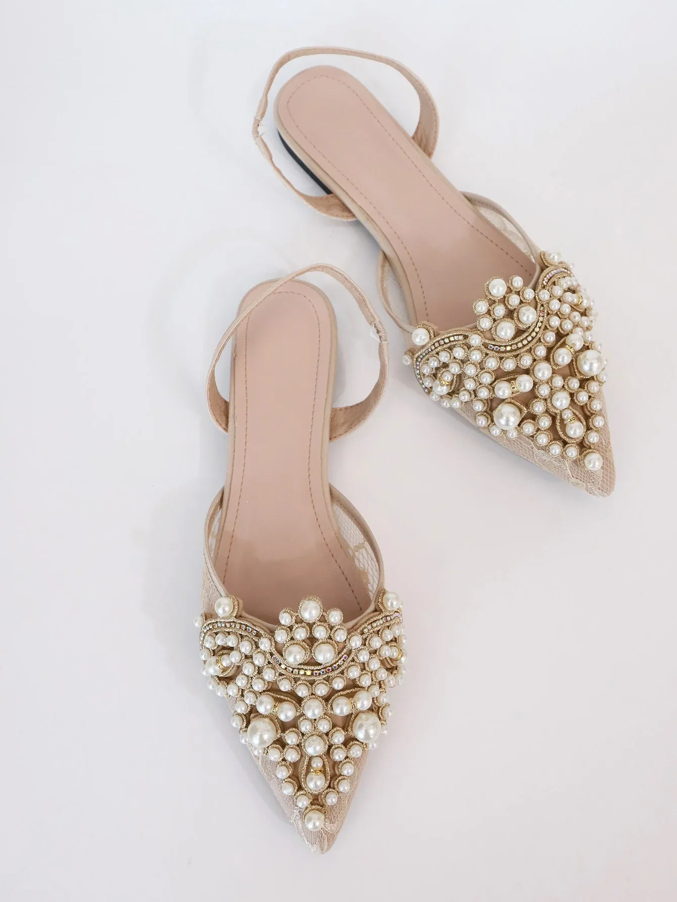 Faux Pearl & Rhinestone Decor Slingback Flats