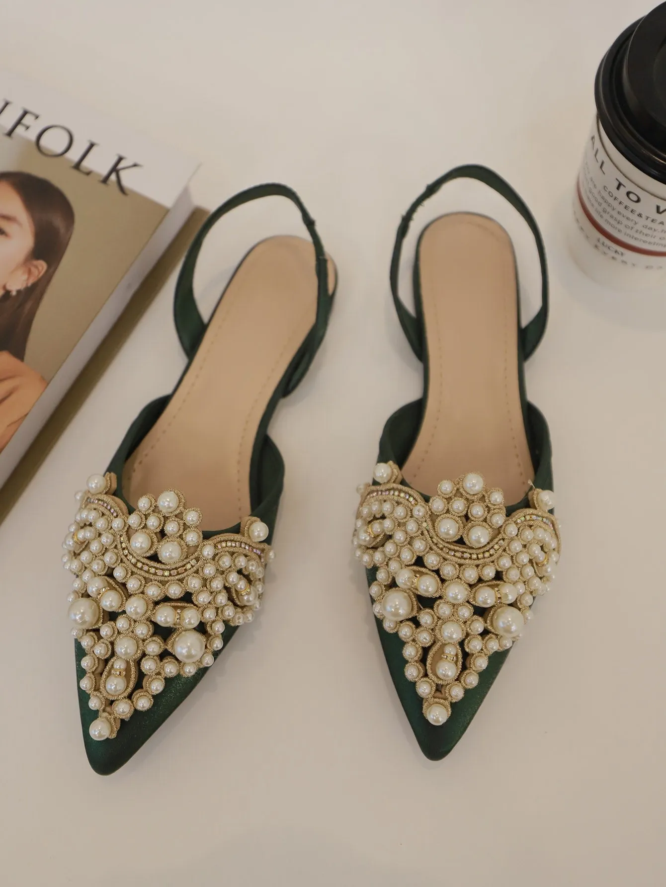Faux Pearl & Rhinestone Decor Slingback Flats