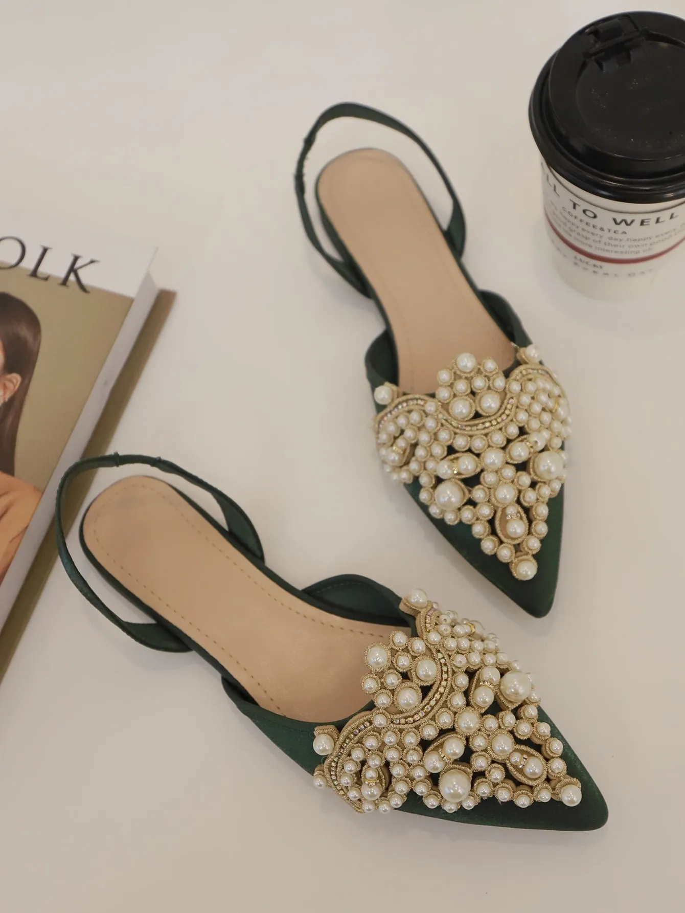 Faux Pearl & Rhinestone Decor Slingback Flats