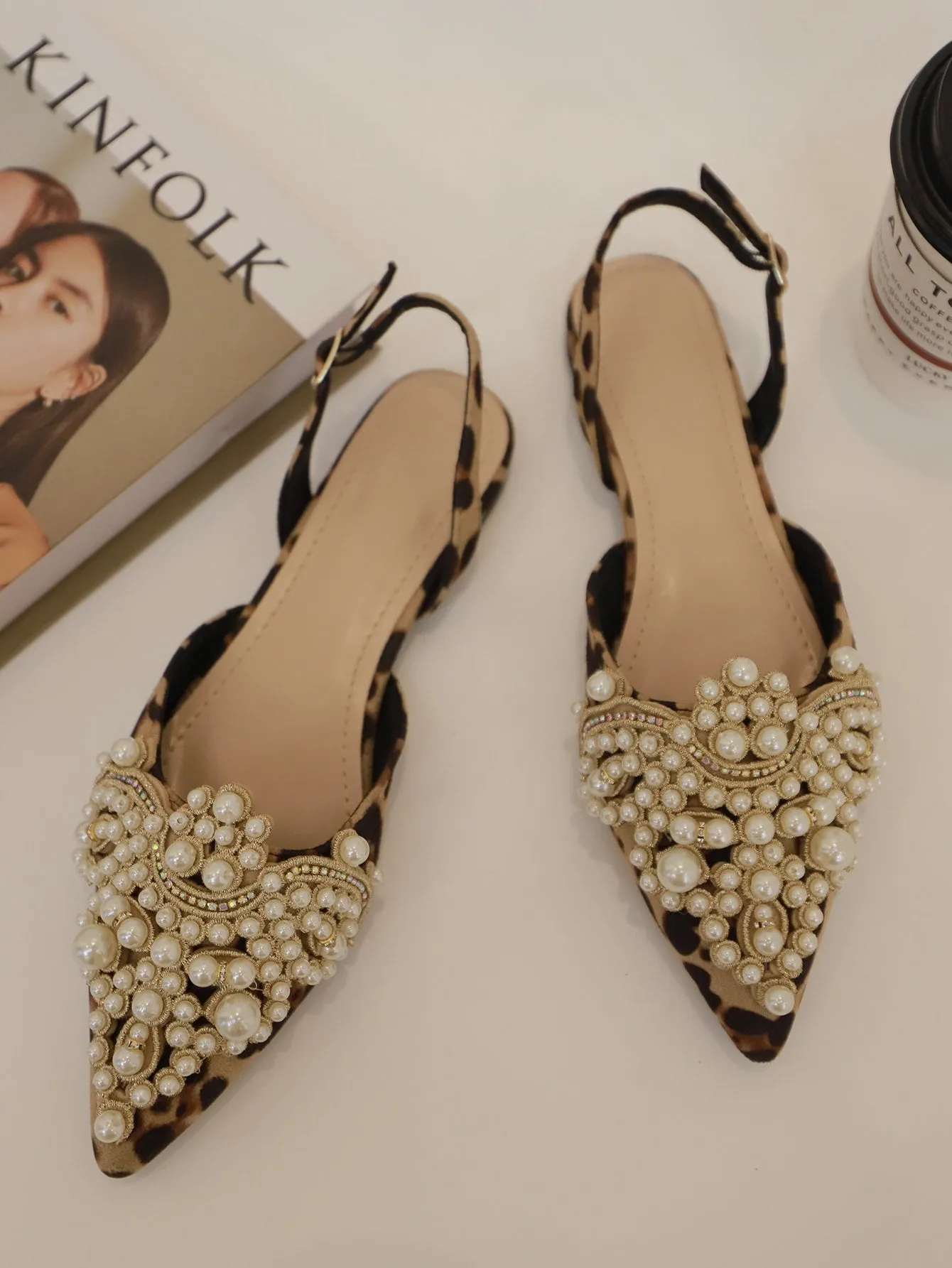 Faux Pearl & Rhinestone Decor Slingback Flats