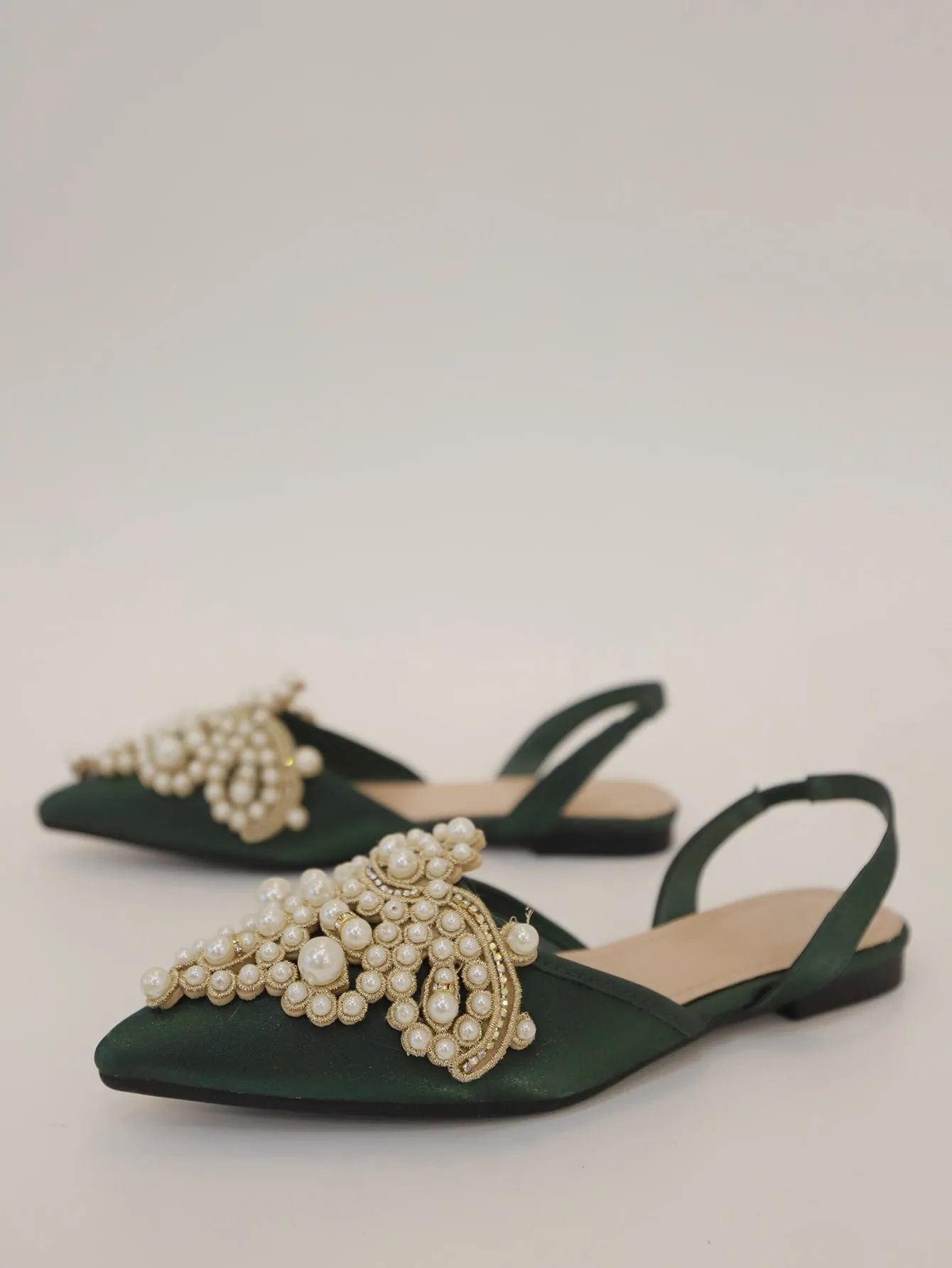 Faux Pearl & Rhinestone Decor Slingback Flats