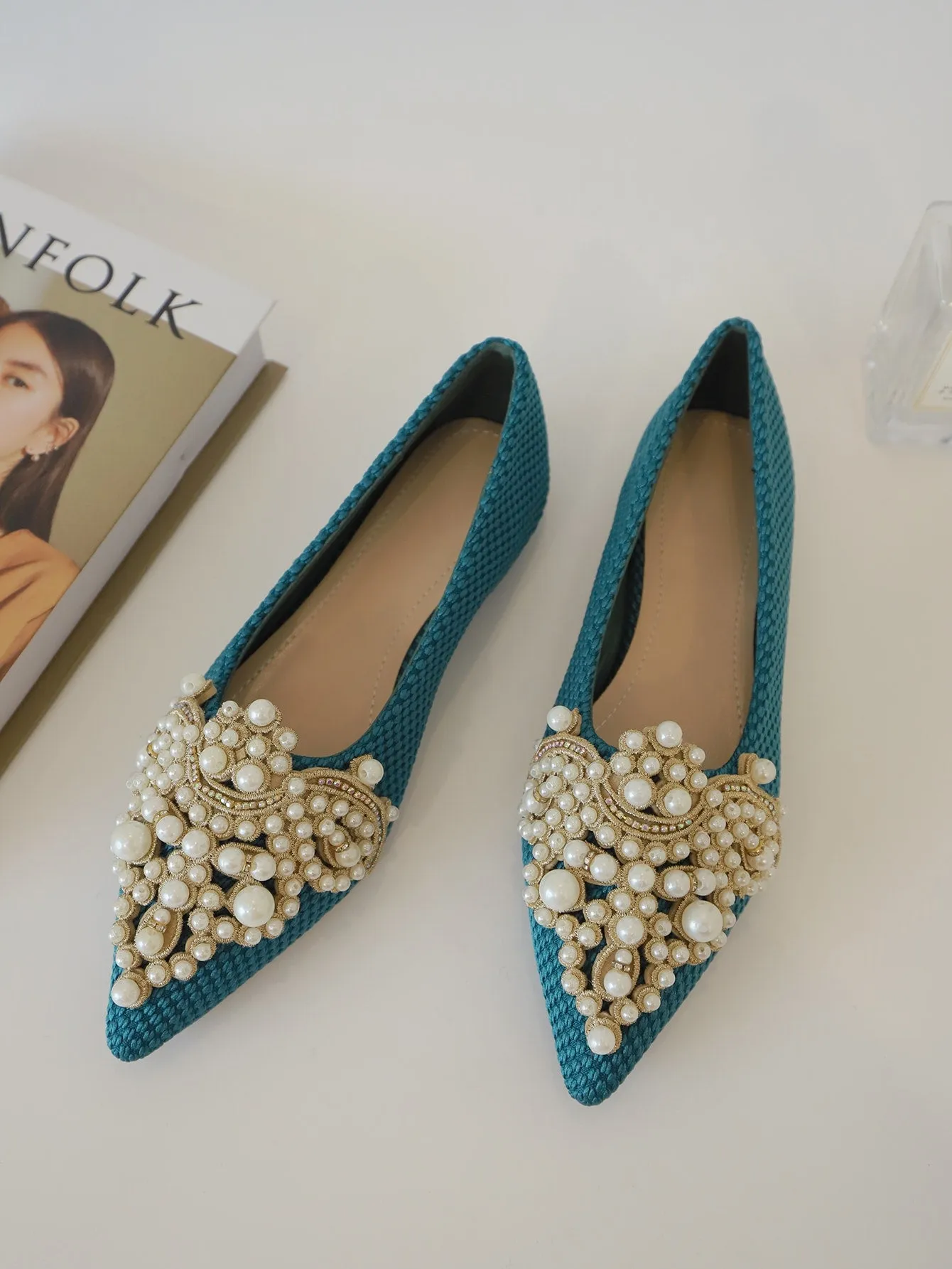 Faux Pearl & Rhinestone Decor Slingback Flats